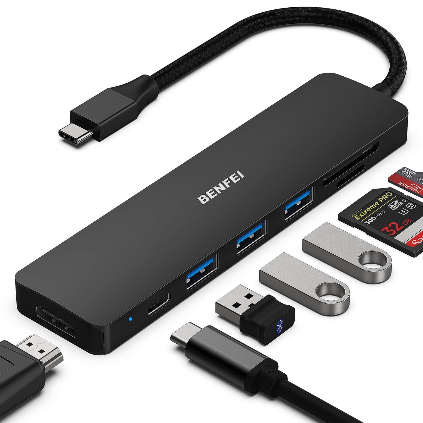 BENFEI USB C HUB 7in1, USB C HUB Multiport Adapter with USB-C to HDMI, USB-C to SD/TF Card Reader/3*USB 3.0/100W Power Delivery, Compatible with iPhone 15 Pro/Max, MacBook, iPad Pro, iMac, S23, XPS17