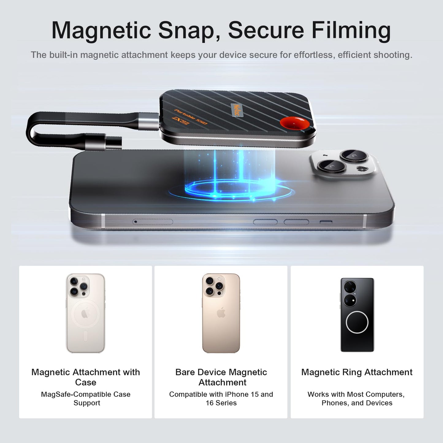 Netac 1TB Magnetic Portable SSD Up to 2000MB/s Read 1700MB/s Write Speed, Snap and Go, USB 3.2 Gen2 External Solid State Drives Compatible for Smartphone/Laptops/Business Travel Essential, ZX20 II
