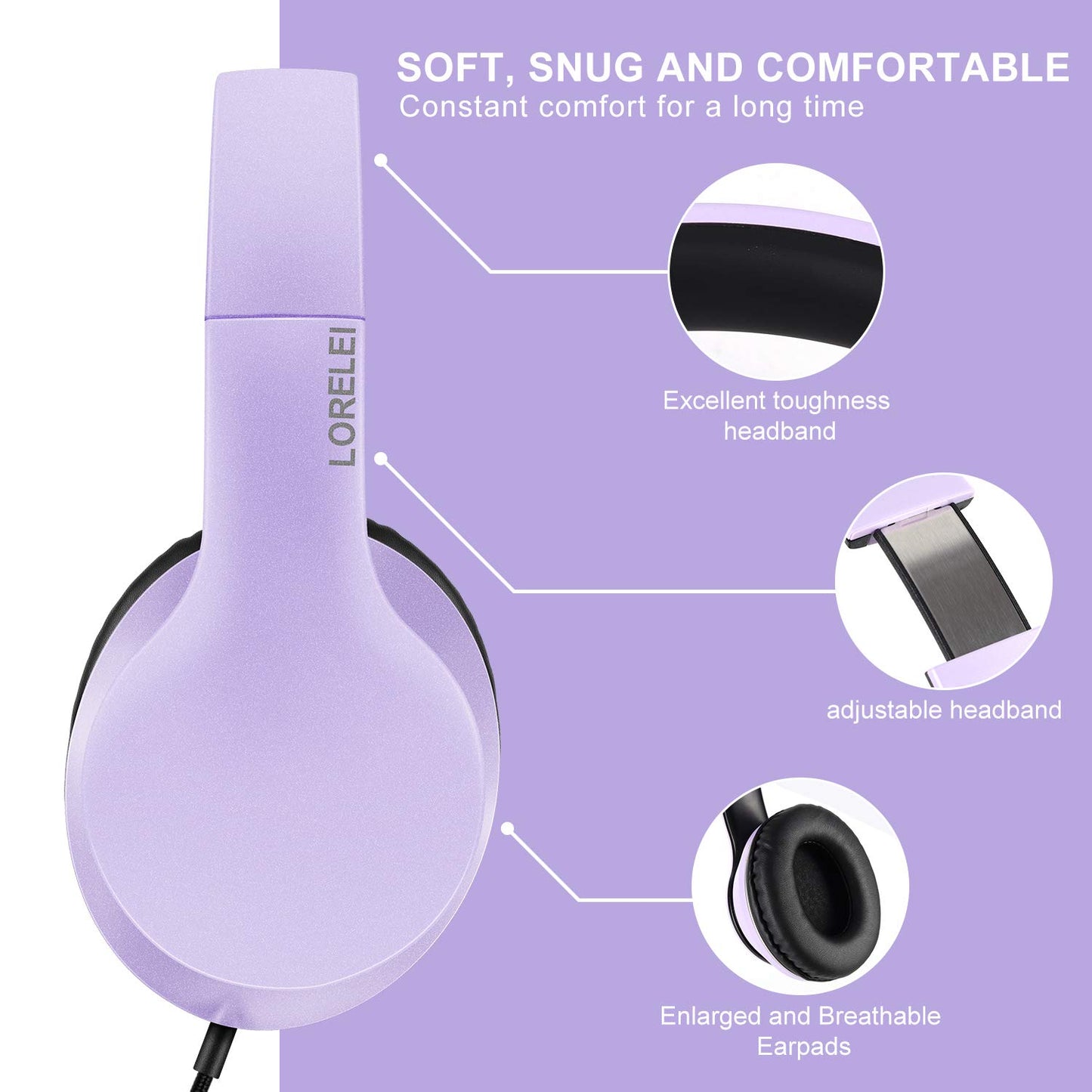 LORELEI X6 Over-Ear Headphones with Microphone, Lightweight Foldable & Portable Stereo Bass Headphones with 1.45M No-Tangle, Wired Headphones for Smartphone Tablet MP3 / 4 (Space Black)