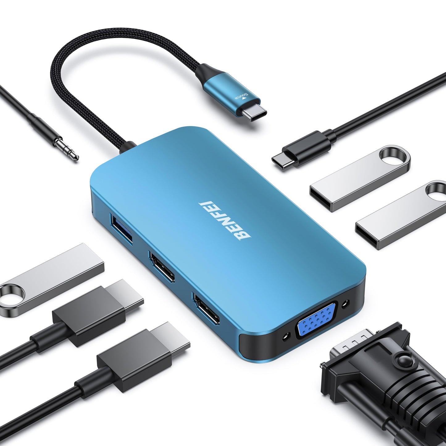 BENFEI USB C Docking Station, 8-in-1 USB C Hub with Triple Display Dual HDMI, VGA, 3*USB 3.0, 100W Power Delivery, 3.5mm AUX Audio Compatible with MacBook Pro, XPS and More