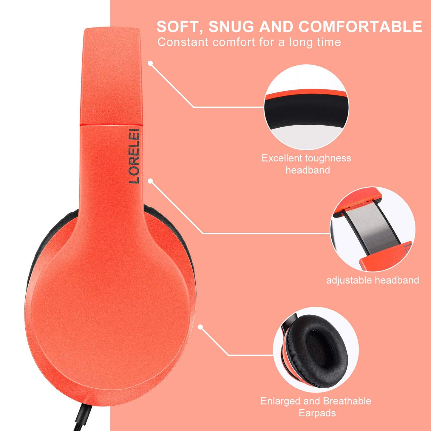 LORELEI X6 Over-Ear Headphones with Microphone, Lightweight Foldable & Portable Stereo Bass Headphones with 1.45M No-Tangle, Wired Headphones for Smartphone Tablet MP3 / 4 (Space Black)