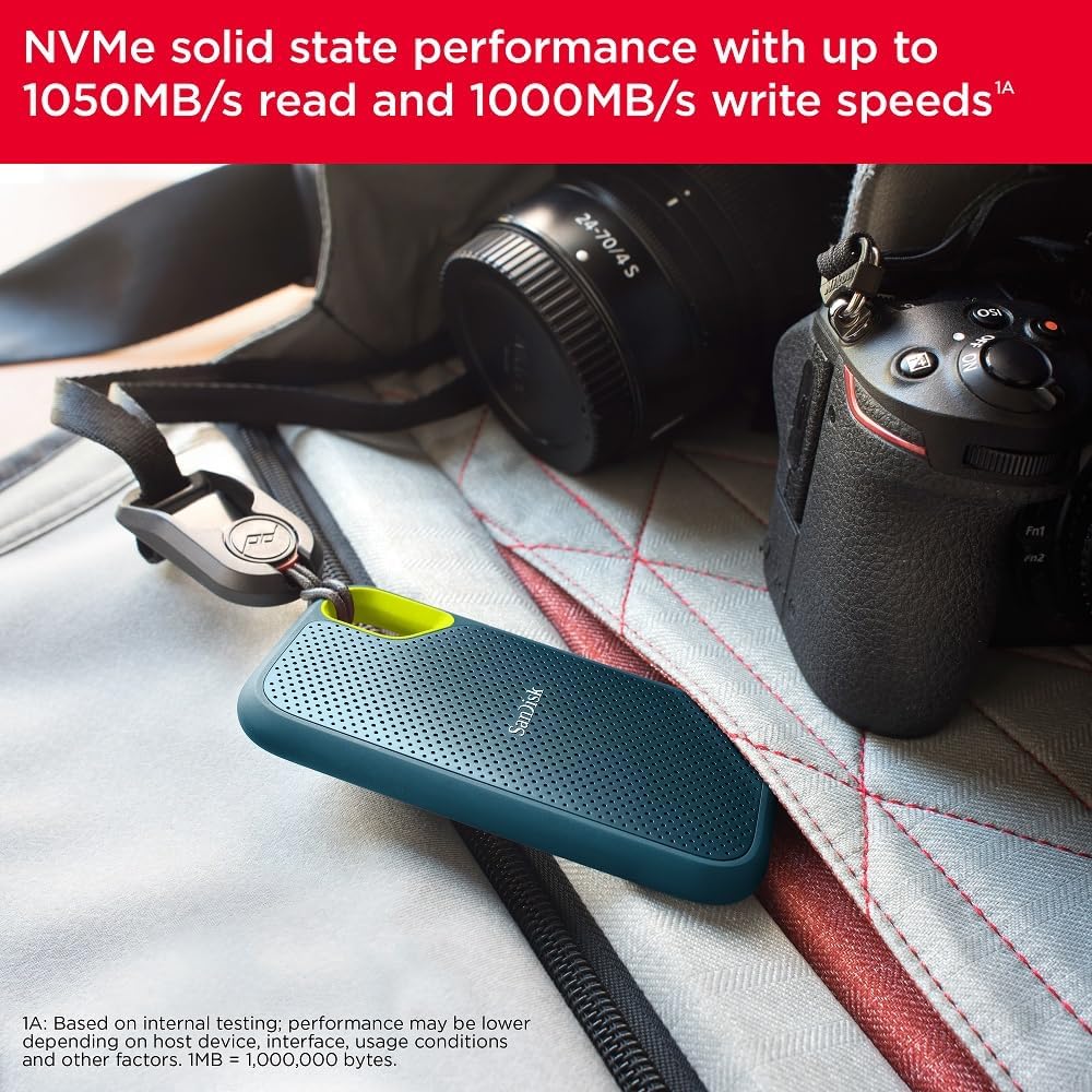 SanDisk Extreme Portable SSD - Up to 1050MB/s, USB-C, USB 3.2 Gen 2, Water and Dust Resistance