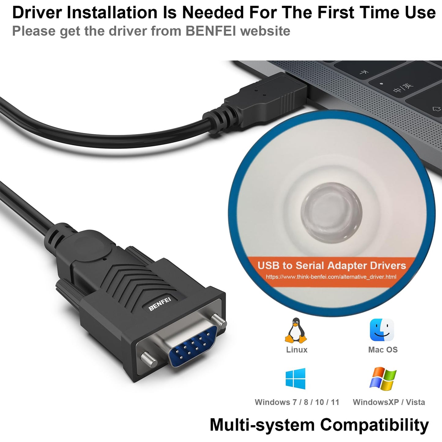 BENFEI USB to Serial Adapter, 6 Feet USB to RS-232 Male (9-pin) DB9 Serial Cable, Prolific Chipset, Windows 11/10/8.1/8/7, Mac OS X 10.6 and Above (NOT VGA)