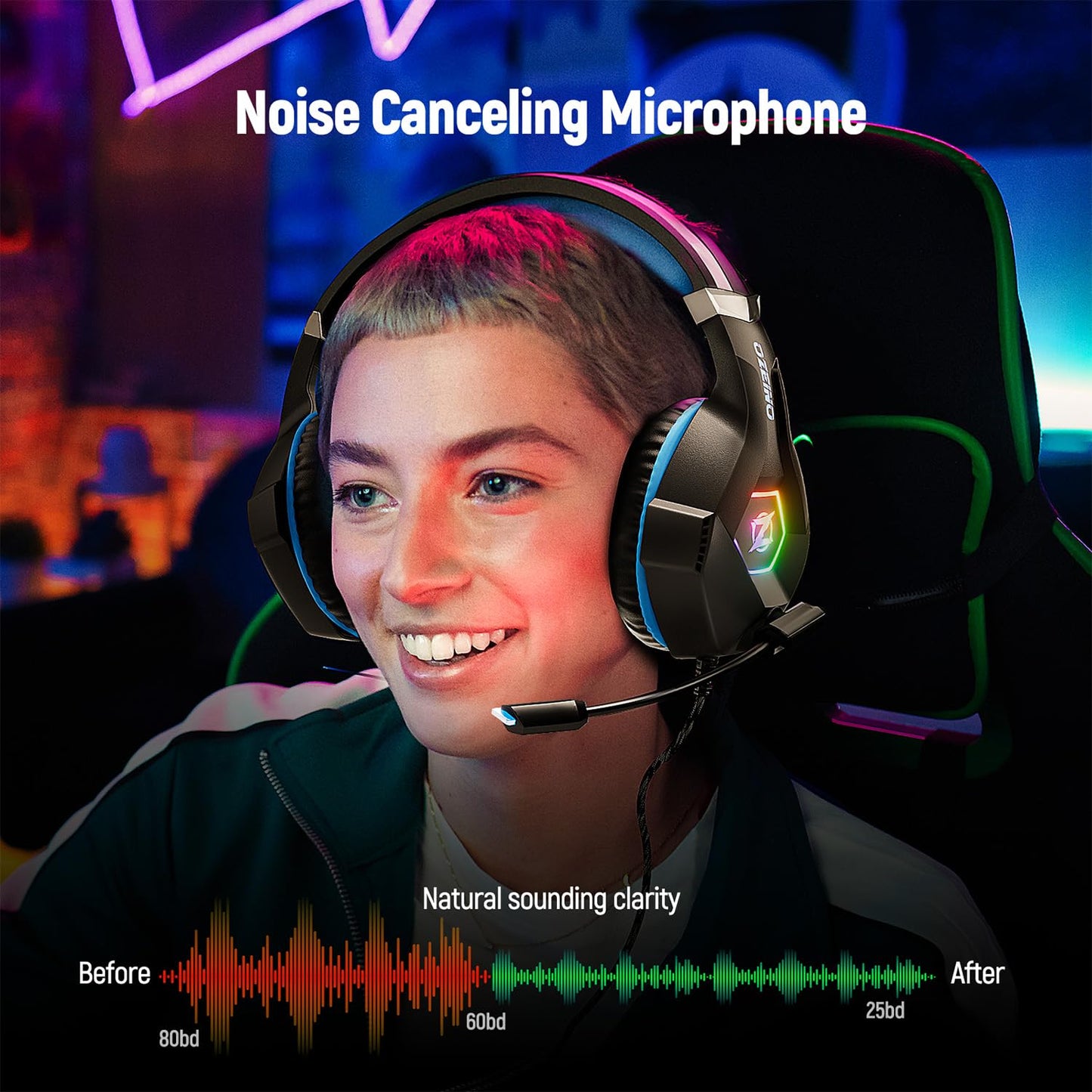 Ozeino Gaming Headset for Ps5 Ps4 PC, Over Ear Gaming Headphones with Noise Cancelling Microphone RGB Light, Deep Bass Stereo Sound Headset for Xbox Series X/S, Switch, Laptop, Mac, Phone