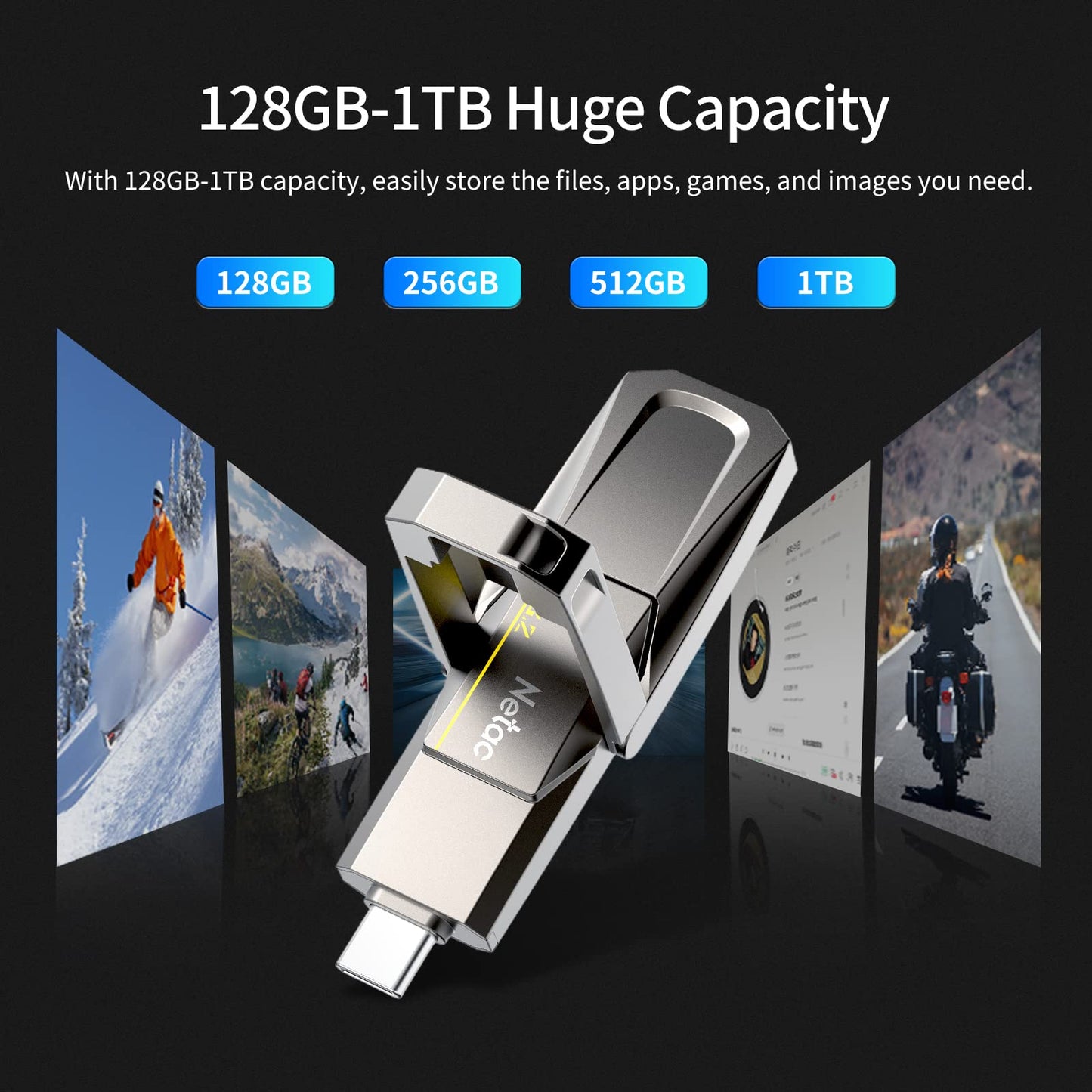 Netac 1TB Portable External USB Solid State Drive Type-c and USB 3.2 Dual Interface, up to 400MB/s for Data Storage, Expansion of Storage for Photos/Videos/Music/Files, US5