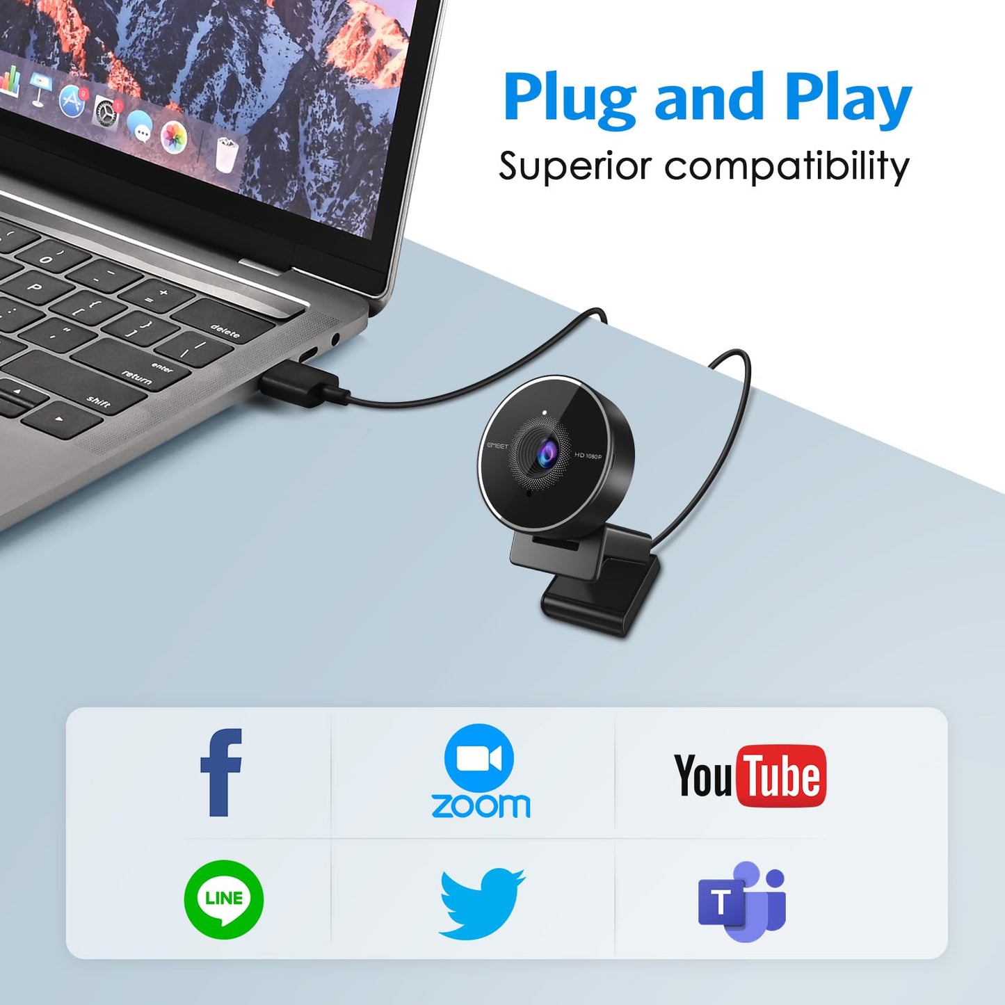 EMEET C955 Webcam for PC, 1080P Webcam with Microphone&Privacy Cover, Auto Light Correction, 70° FOV for Personal Use, Plug&Play Web Cam Protect Data, Perfect for Office Professionals&Remote Workers