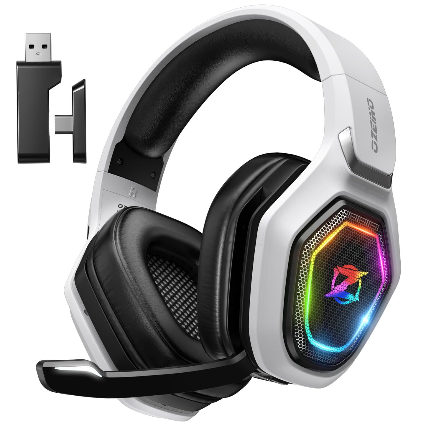 Ozeino Wireless Gaming Headset for Ps5, Ps4, Switch, Ultra Stable 2.4GHz USB & Type-C, Bluetooth 5.3 Gaming Headphones with Flip Mic, 40+Hr Battery Gamer Headset for PC, Laptop, Mobile, Mac(White)
