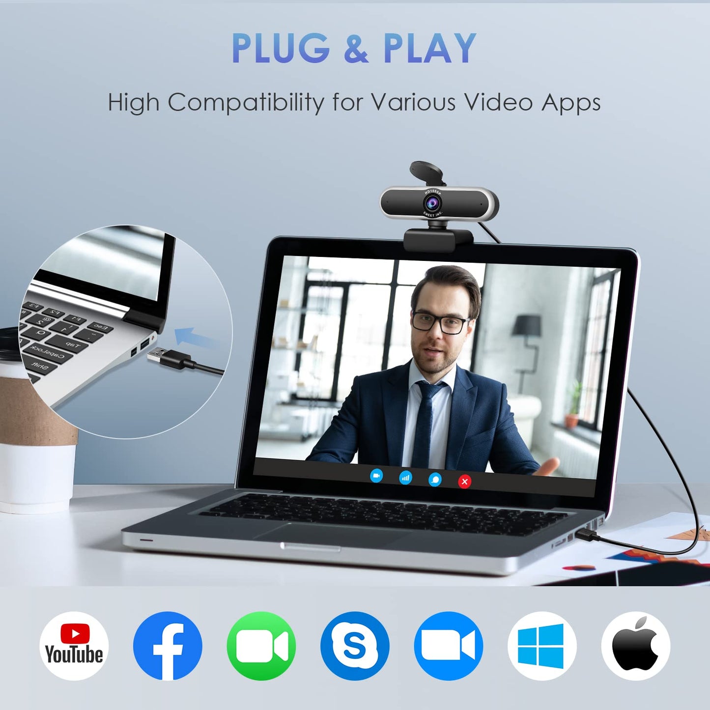 EMEET C955 Webcam for PC, 1080P Webcam with Microphone&Privacy Cover, Auto Light Correction, 70° FOV for Personal Use, Plug&Play Web Cam Protect Data, Perfect for Office Professionals&Remote Workers