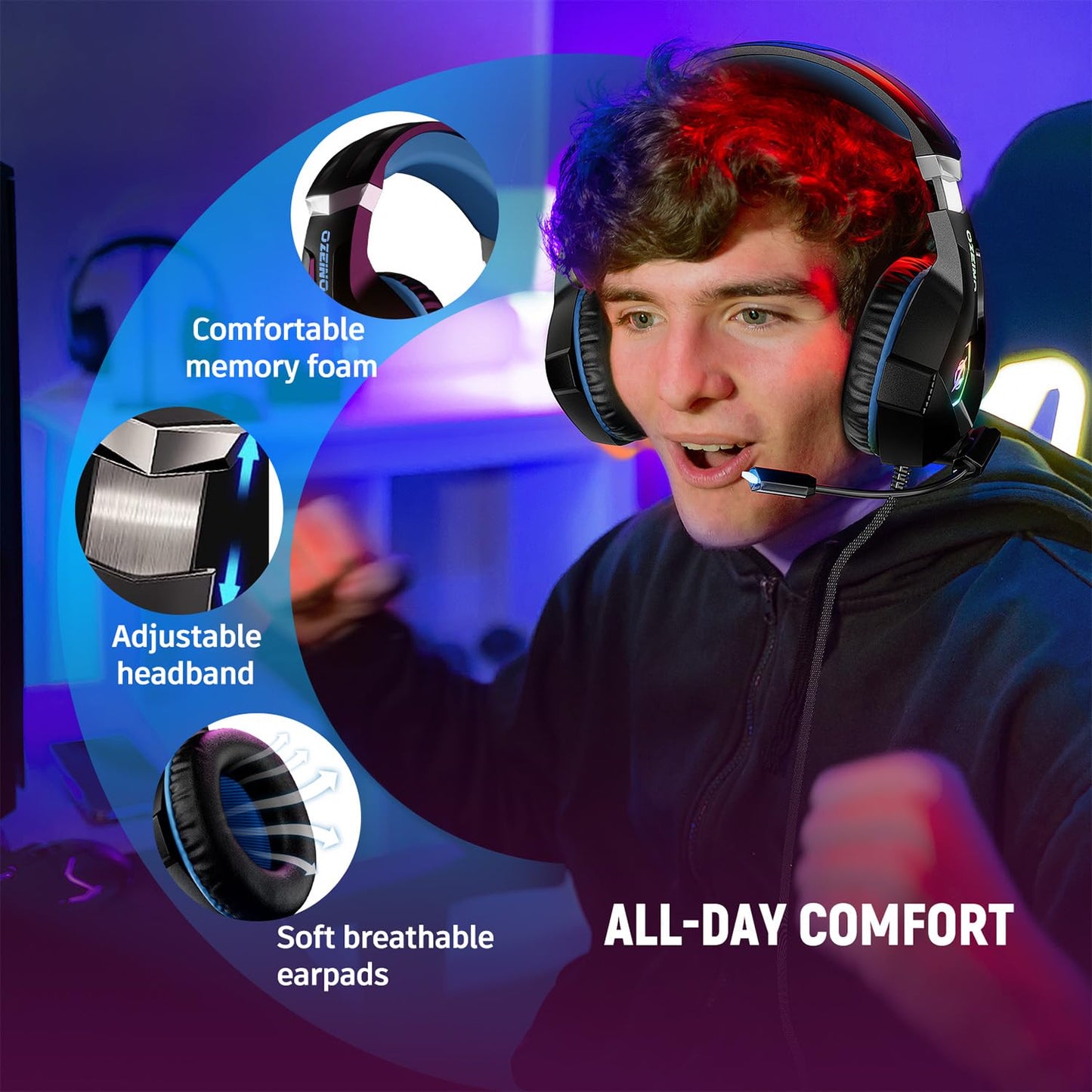 Ozeino Gaming Headset for Ps5 Ps4 PC, Over Ear Gaming Headphones with Noise Cancelling Microphone RGB Light, Deep Bass Stereo Sound Headset for Xbox Series X/S, Switch, Laptop, Mac, Phone