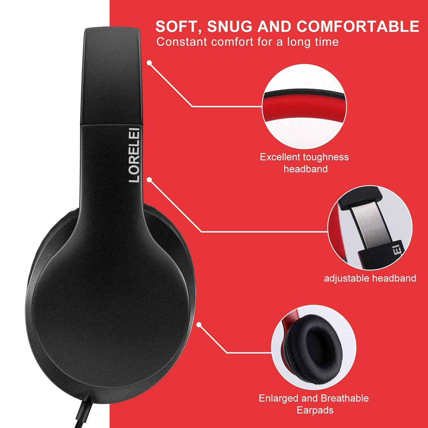 LORELEI X6 Over-Ear Headphones with Microphone, Lightweight Foldable & Portable Stereo Bass Headphones with 1.45M No-Tangle, Wired Headphones for Smartphone Tablet MP3 / 4 (Space Black)