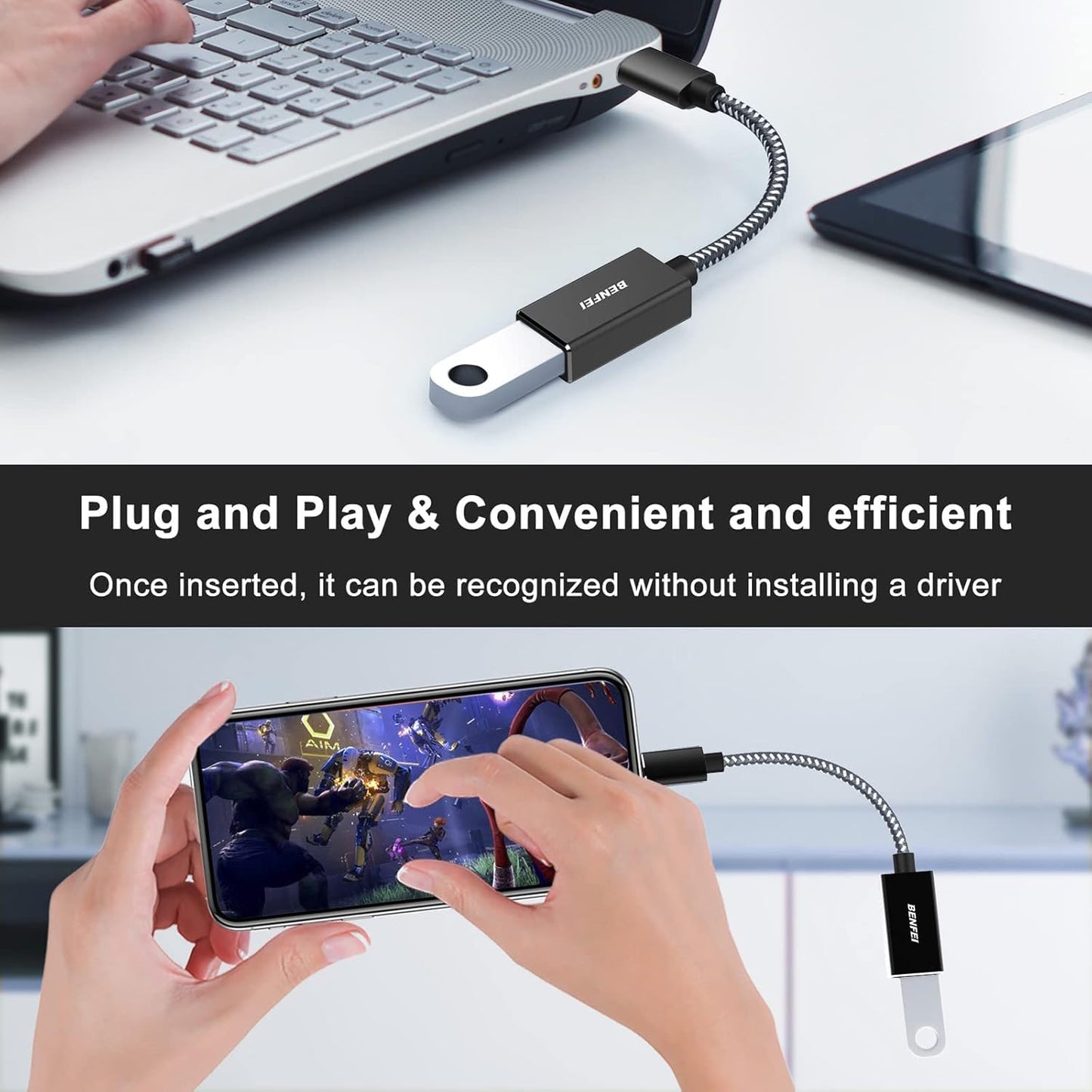 BENFEI USB C to USB 3.0 Adapter, 2 Pack USB C to A Male to Female Adapter Compatible with iPhone 15 Pro/Max, MacBook Pro/Air 2023, iMac, S23, XPS 17