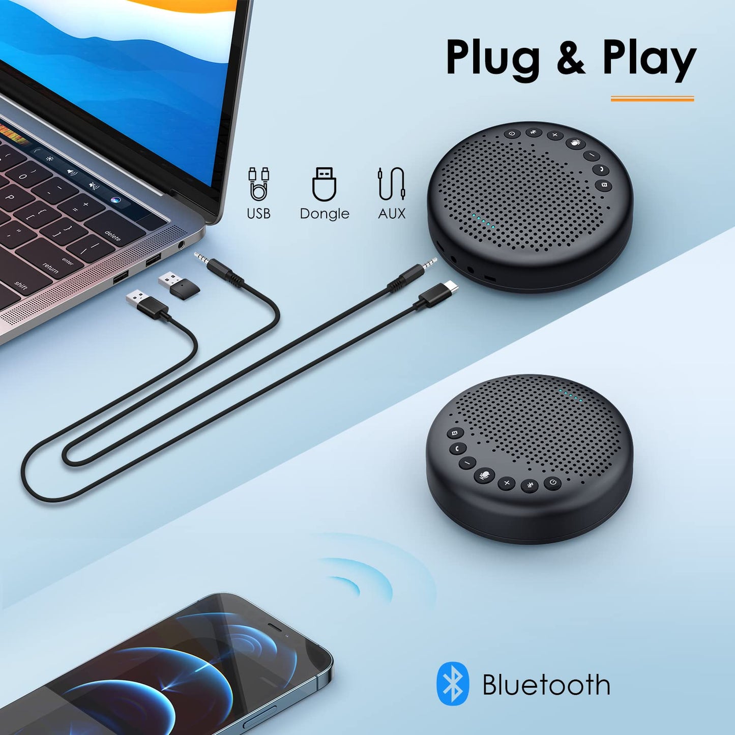 EMEET Conference Speaker and Microphone w/8+1 Mics, 360° Voice Pickup, Noise Reduce, Bluetooth/USB/Dongle Speakerphone for 14 People w/Daisy Chain for 25, Compatible w/Leading Platforms, 2024 Version