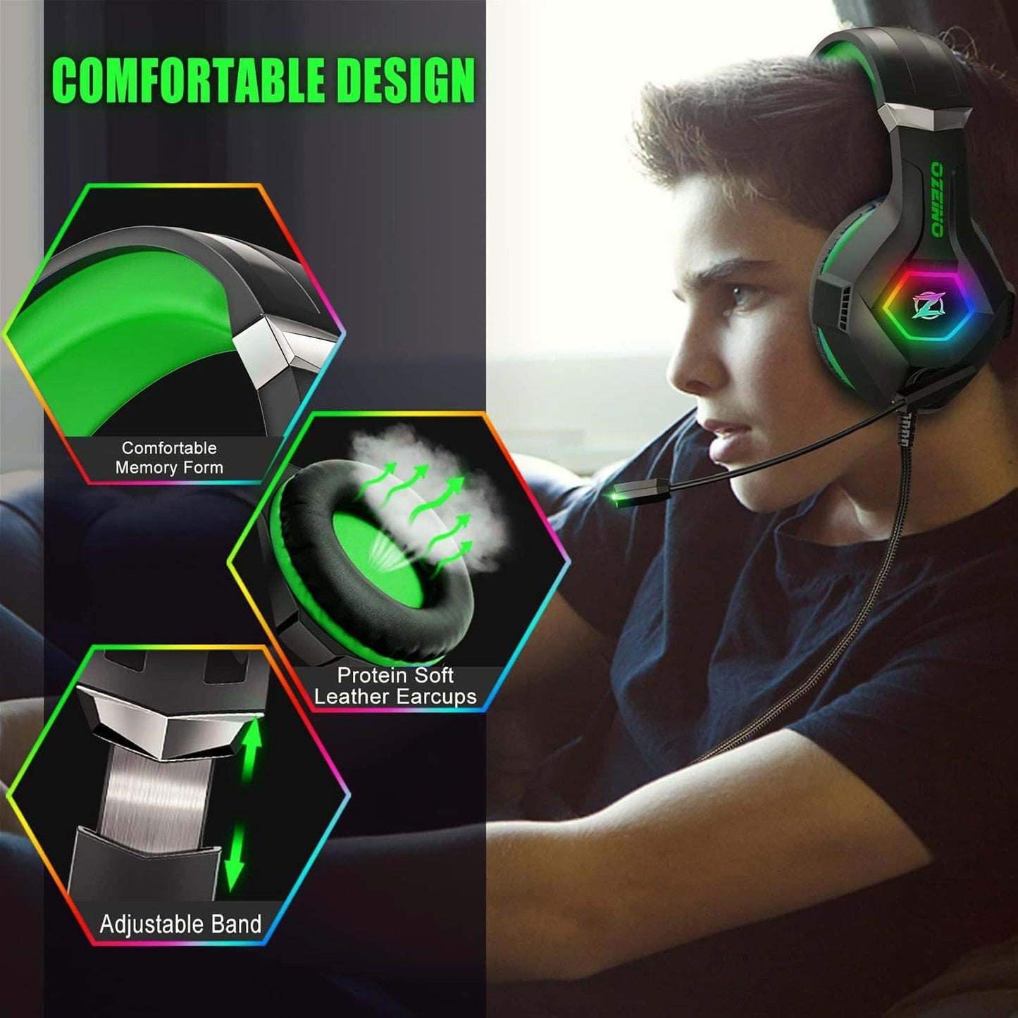 Ozeino Gaming Headset for Ps5 Ps4 PC, Over Ear Gaming Headphones with Noise Cancelling Microphone RGB Light, Deep Bass Stereo Sound Headset for Xbox Series X/S, Switch, Laptop, Mac, Phone