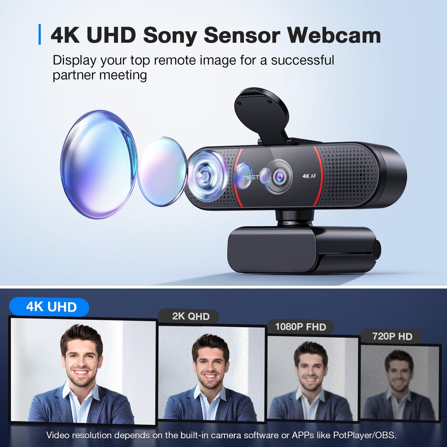EMEET C960 4K Webcam for PC, PDAF Autofocus, Dual AI Noise-Canceling Mics, 73° FOV, Auto Light Adjustment, UHD Sensor, Plug-and-Play, Privacy Webcam Cover, Compatible with Zoom/Teams/YouTube