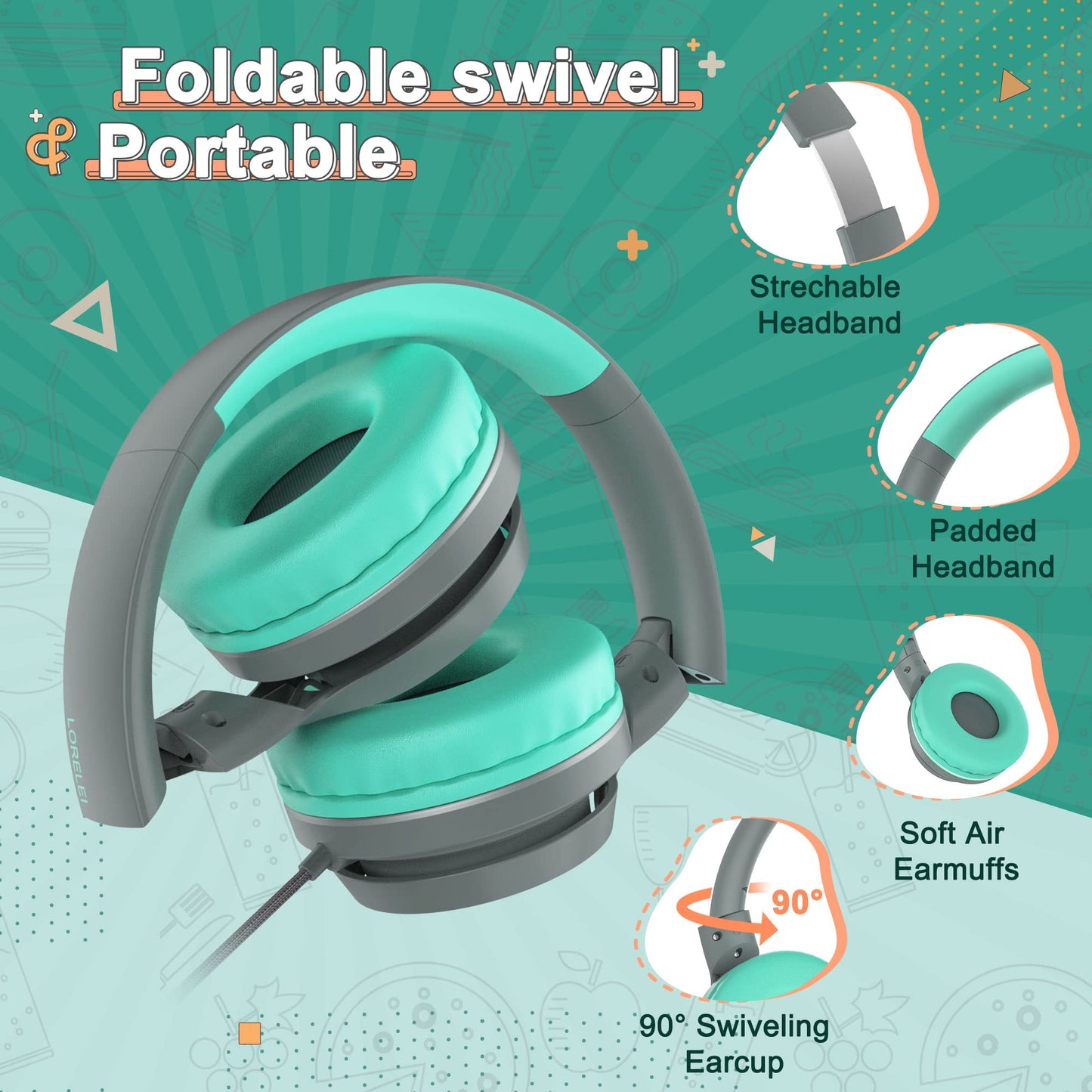 LORELEI E7 Kids Headphones with Microphone,On-Ear Wired Headset for Children/Boys/Girls,85/94dB Safe Volume 3.5mm Audio Jack Tangle-Free for School/iPad/Laptop/Travel (Blue&Green)