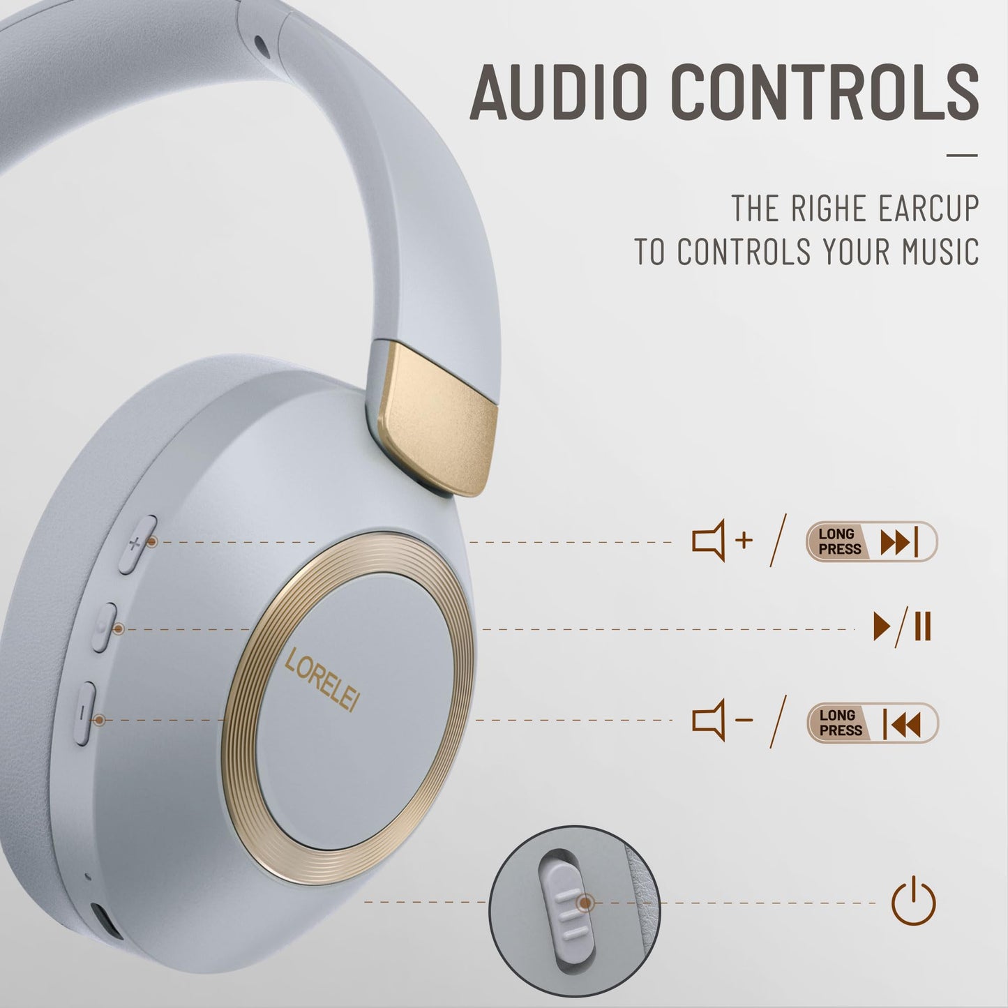 LORELEI B-C6 Wireless Over Ear Headphones, 50H Playtime Foldable Lightweight Bluetooth Headsets, Deep Bass, Built-in Microphone, Memory Foam Earmuff, for Travel, Home Office (Beige White)