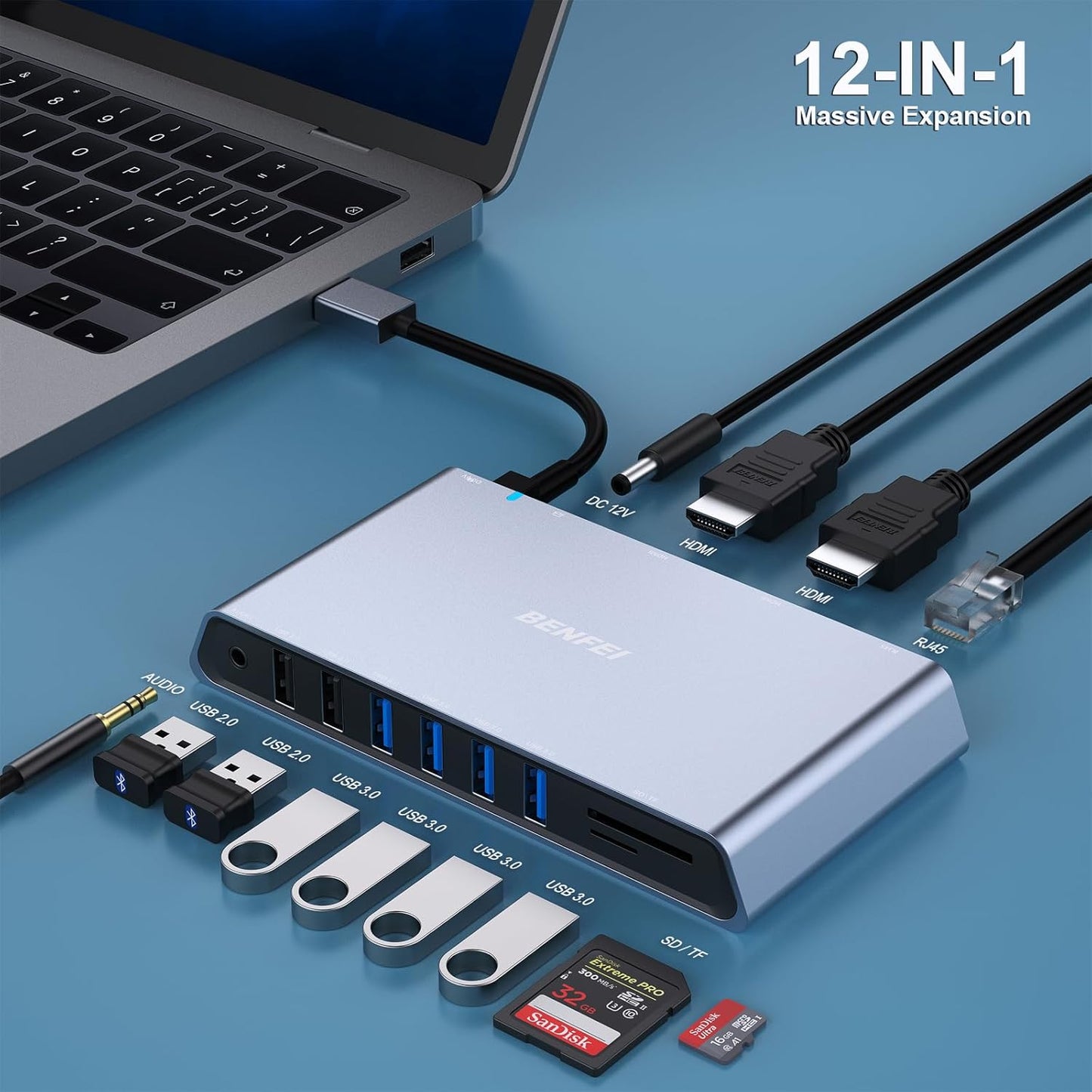 BENFEI 12-in-1 USB 3.0 Docking Station with Dual HDMI Display/6*USB Ports/SD/TF Card Reader/Gigabit Ethernet Network/3.5mm Female Headphone Jack Compatible with Windows and Mac
