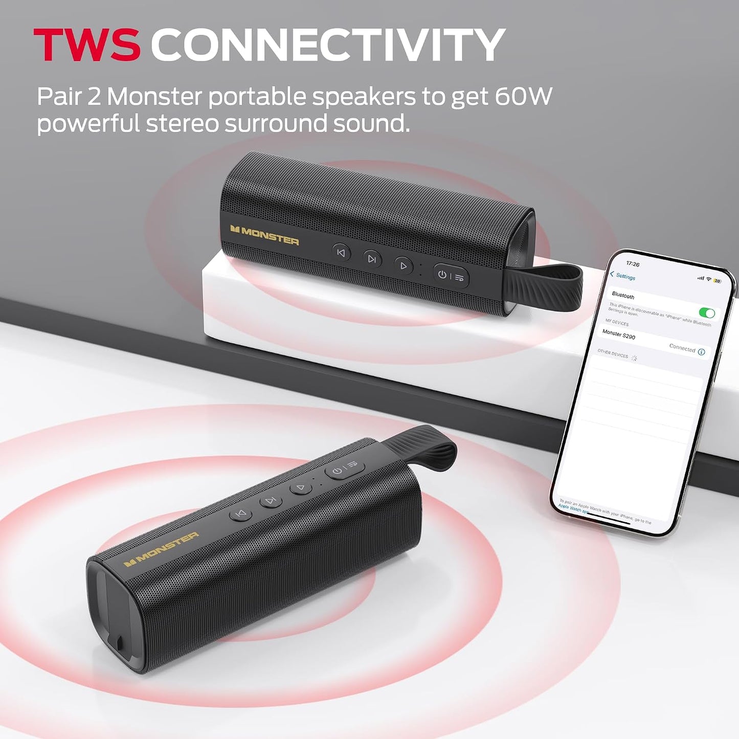 Monster S290 Bluetooth Speaker, Portable Bluetooth Speaker with 30W Loud Stereo Sound, Bluetooth 6.0, 20H Playtime, TWS Pairing, Support AUX/TF Card, IPX6 Waterproof Wireless Speaker for Home, Travel
