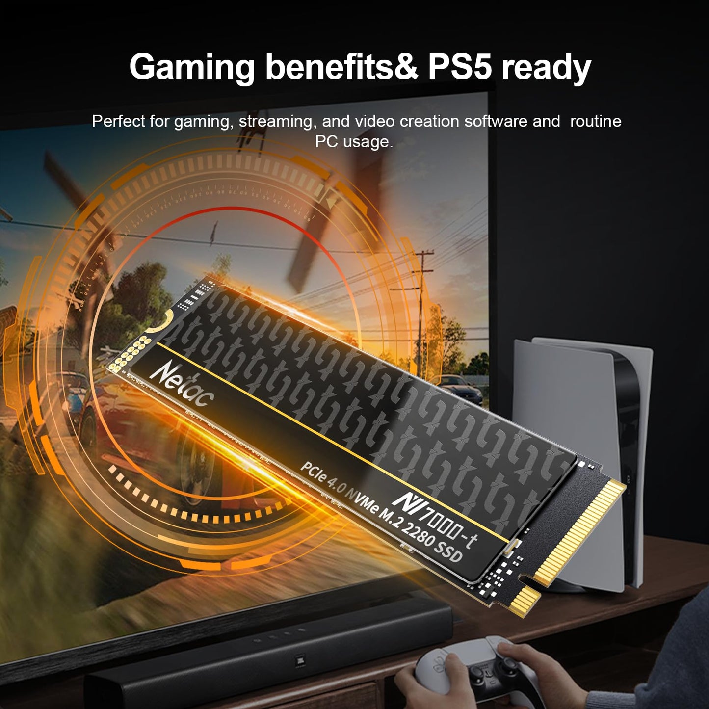 Netac 4TB PCIe Gen4x4 M.2 SSD Up to 7,300 MB/s NVMe Internal Gaming SSD with All-in-one Aluminum Heatspreader High-Performance Storage for Laptop PCs and Desktop, Works with PS5, NV7000-t