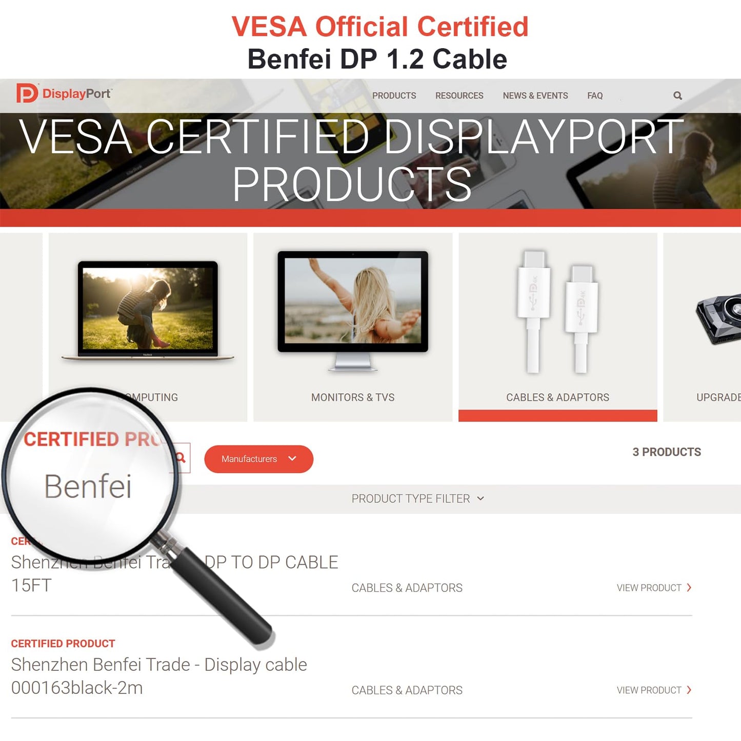 BENFEI [VESA Certified DisplayPort to DisplayPort 1.8 Meter Cable, DP to DP Male to Male Cable, Supports 4K@60Hz, 2K@165Hz Compatible for Lenovo, Dell, HP, ASUS and More