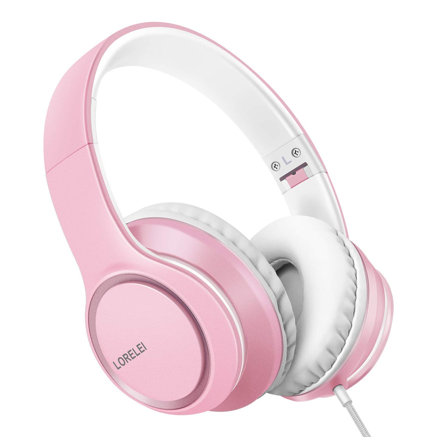 LORELEI X8 Over-Ear Wired Headphones with Microphone with 1.45m-Tangle-Free Nylon Line&3.5mm Plug,Lightweight Foldable & Portable Headphones for Smartphone,Tablet,Computer,Mp3/4(Pearl Pink)