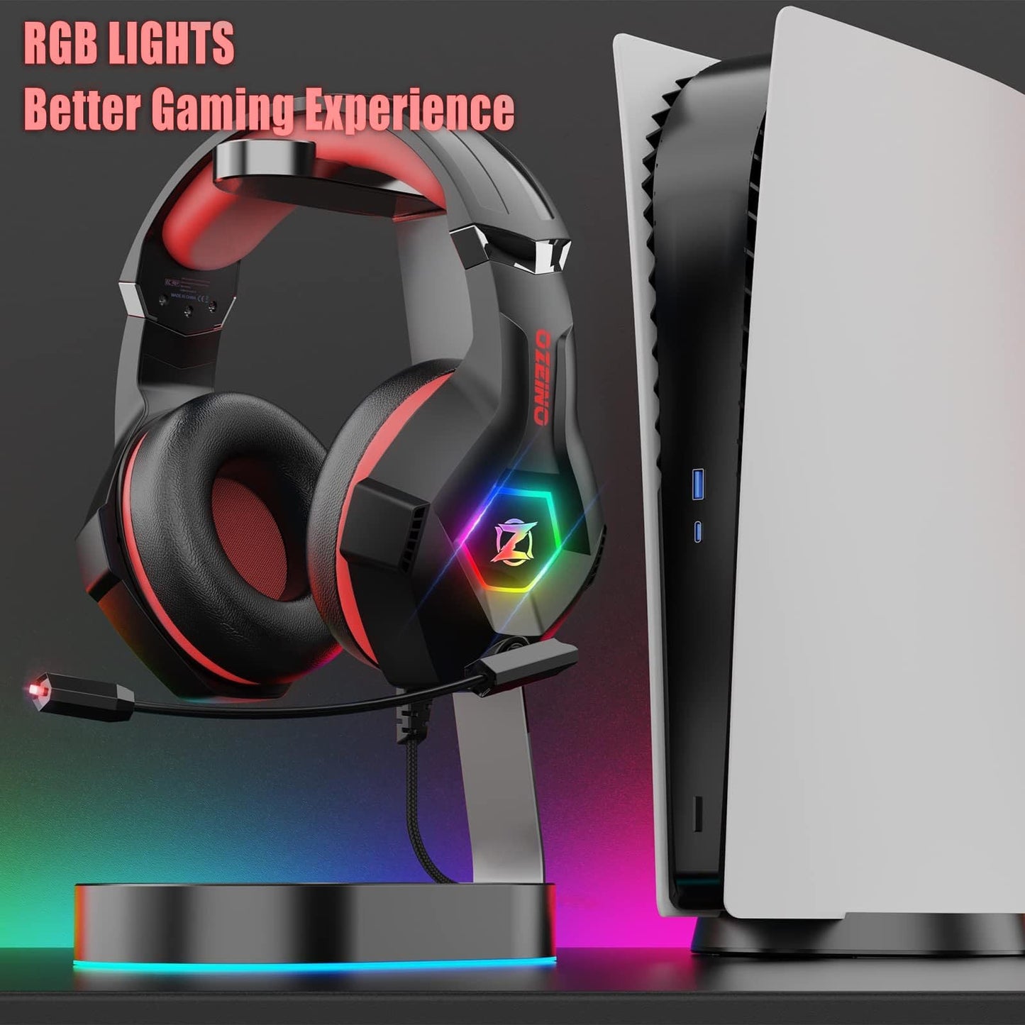 Ozeino Gaming Headset for Ps5 Ps4 PC, Over Ear Gaming Headphones with Noise Cancelling Microphone RGB Light, Deep Bass Stereo Sound Headset for Xbox Series X/S, Switch, Laptop, Mac, Phone