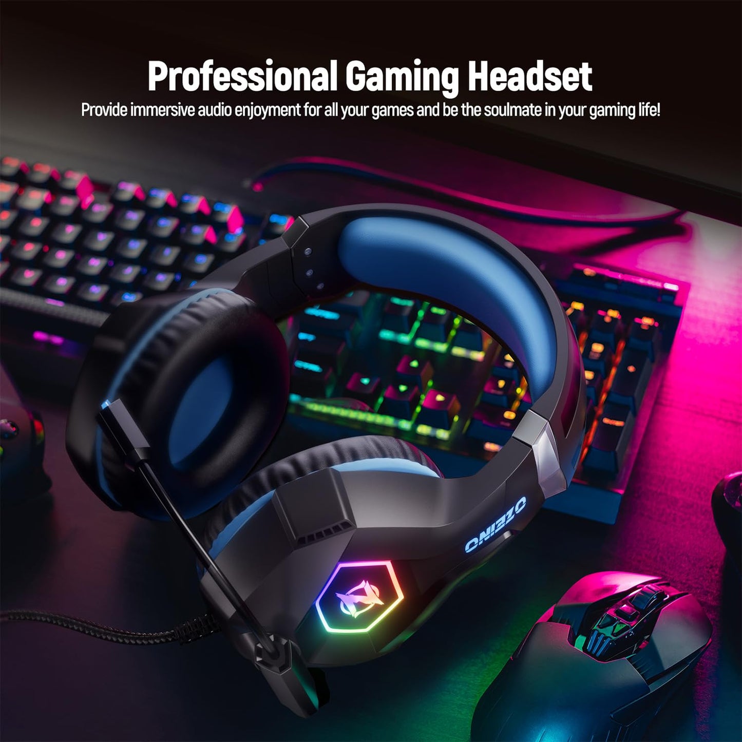Ozeino Gaming Headset for Ps5 Ps4 PC, Over Ear Gaming Headphones with Noise Cancelling Microphone RGB Light, Deep Bass Stereo Sound Headset for Xbox Series X/S, Switch, Laptop, Mac, Phone
