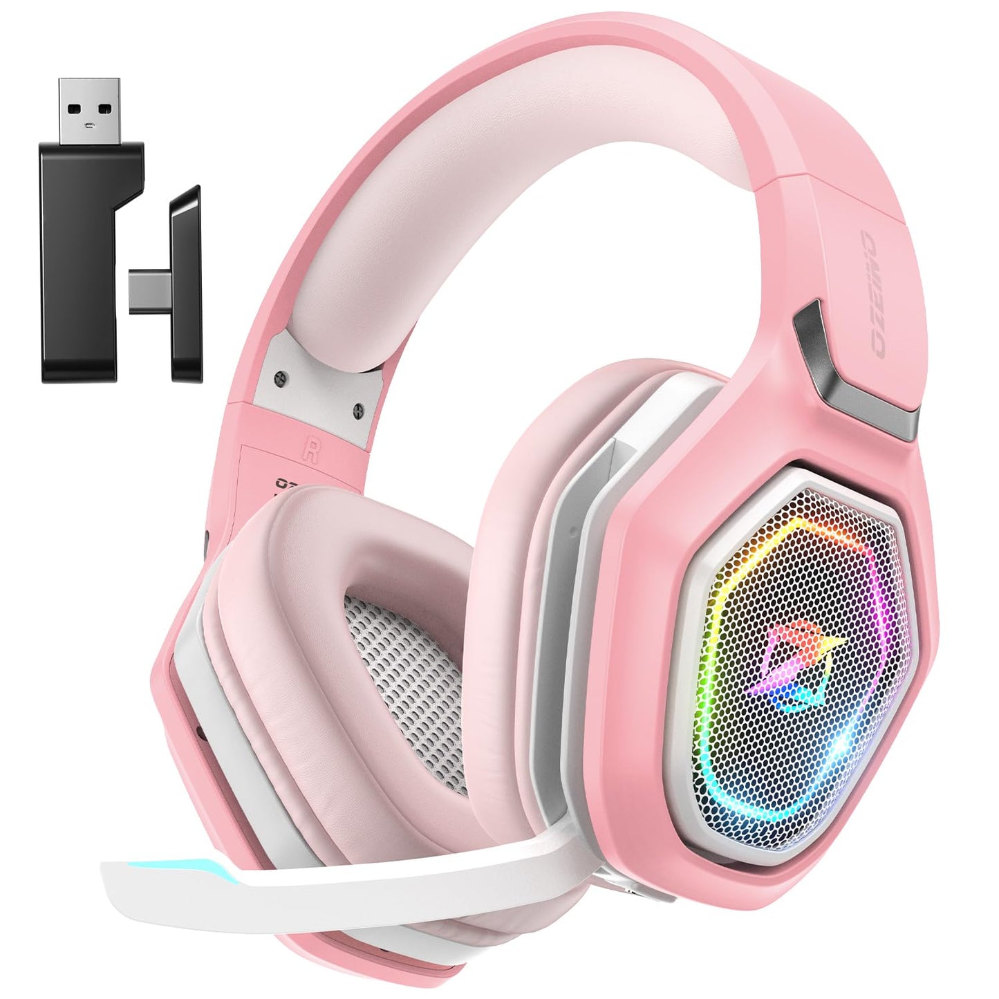 Ozeino Wireless Gaming Headset for Ps5, Ps4, Switch, Ultra Stable 2.4GHz USB & Type-C, Bluetooth 5.3 Gaming Headphones with Flip Mic, 40+Hr Battery Gamer Headset for PC, Laptop, Mobile, Mac(White)