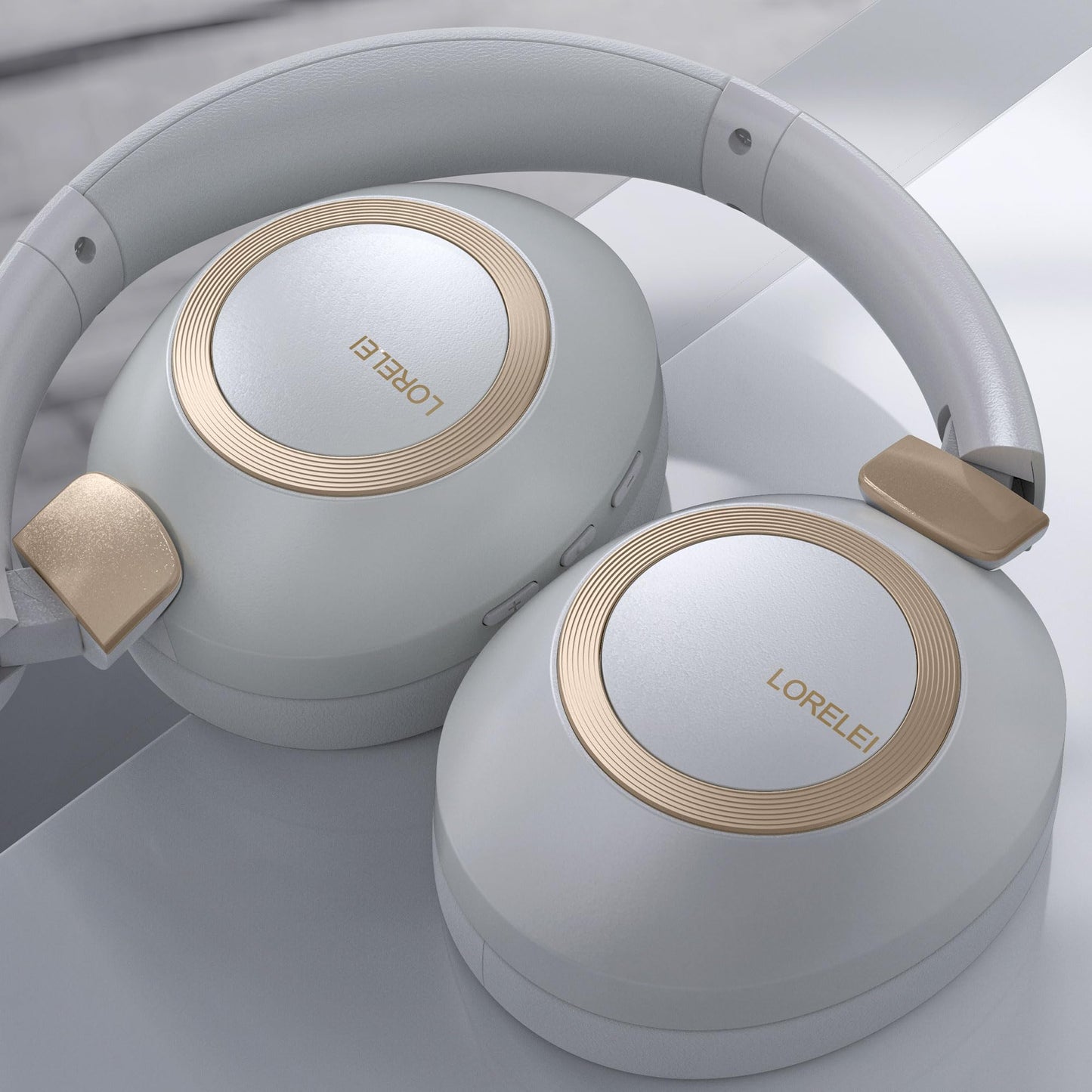 LORELEI B-C6 Wireless Over Ear Headphones, 50H Playtime Foldable Lightweight Bluetooth Headsets, Deep Bass, Built-in Microphone, Memory Foam Earmuff, for Travel, Home Office (Beige White)