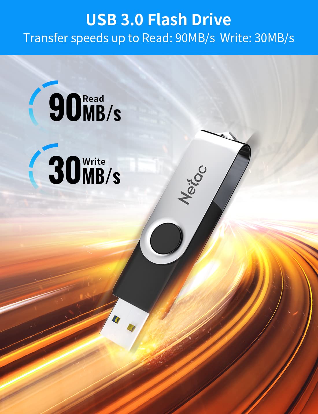 Netac 64GB USB Stick USB 3.0 Flash Drive, Up to 90MB/s, Thumb Drive for Data Storage, Pen Drive with Swivel Design, Memory Stick for External Storage Data/Computer/PC/Laptop/Sound