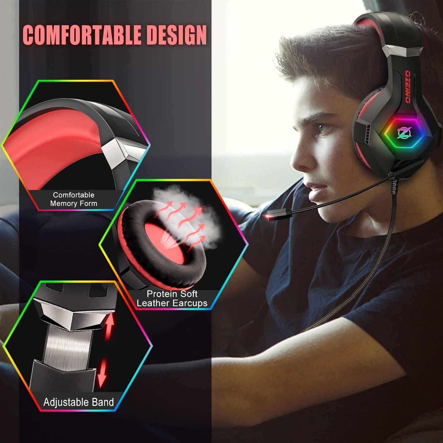 Ozeino Gaming Headset for Ps5 Ps4 PC, Over Ear Gaming Headphones with Noise Cancelling Microphone RGB Light, Deep Bass Stereo Sound Headset for Xbox Series X/S, Switch, Laptop, Mac, Phone