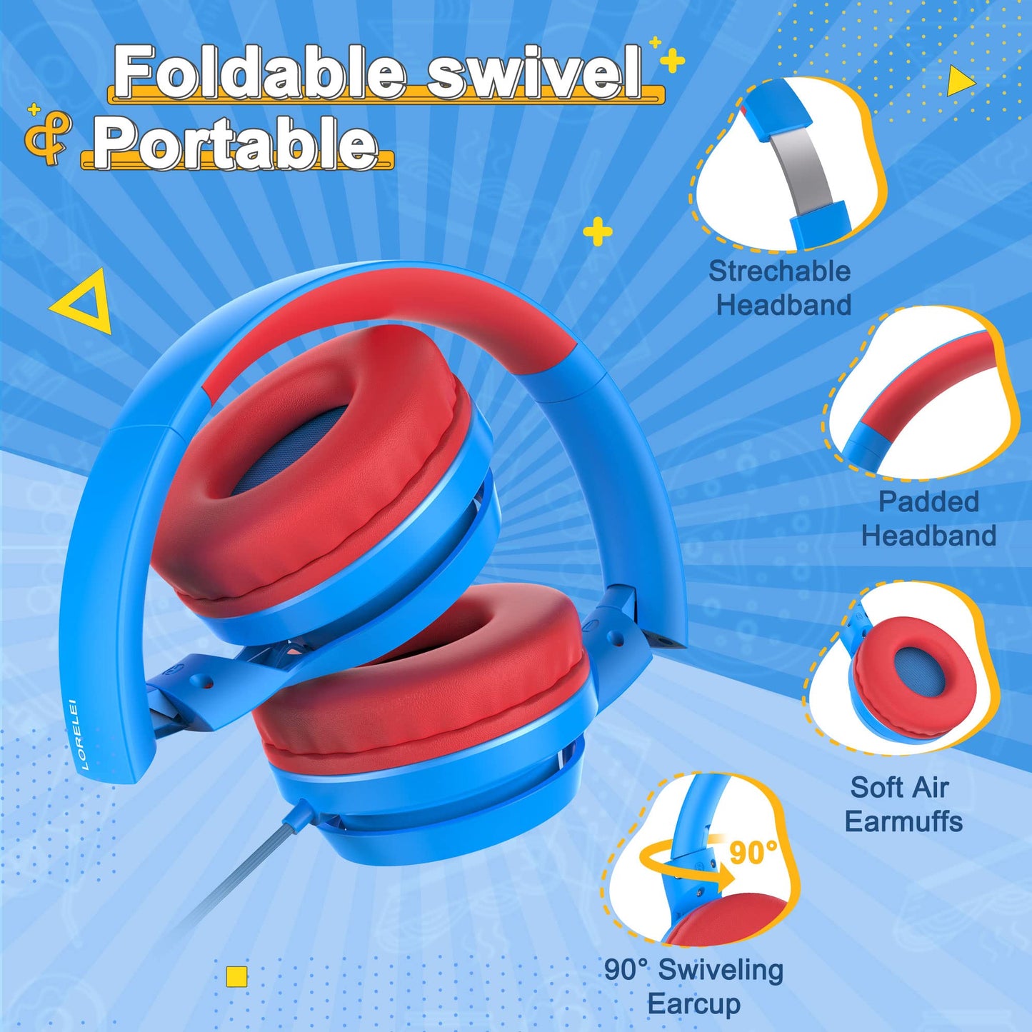 LORELEI E7 Kids Headphones with Microphone,On-Ear Wired Headset for Children/Boys/Girls,85/94dB Safe Volume 3.5mm Audio Jack Tangle-Free for School/iPad/Laptop/Travel (Blue&Green)