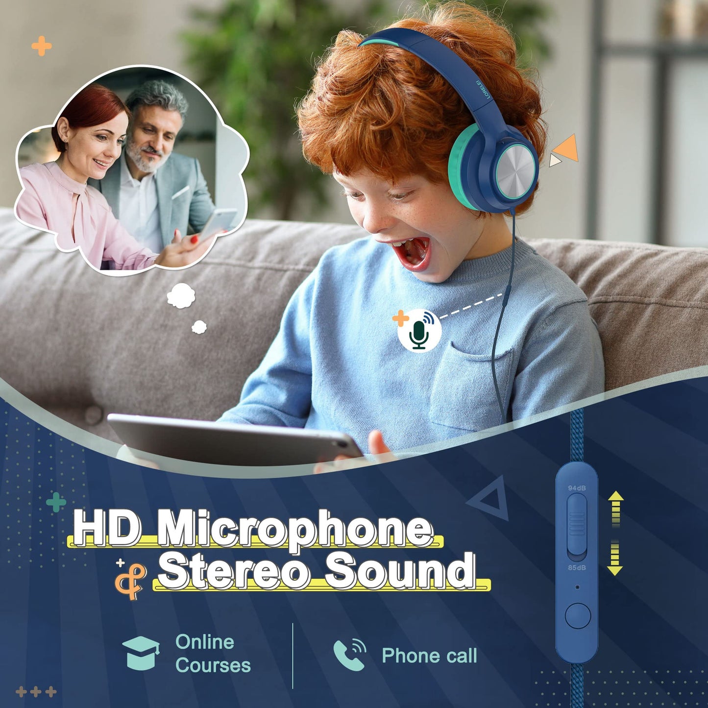 LORELEI E7 Kids Headphones with Microphone,On-Ear Wired Headset for Children/Boys/Girls,85/94dB Safe Volume 3.5mm Audio Jack Tangle-Free for School/iPad/Laptop/Travel (Blue&Green)