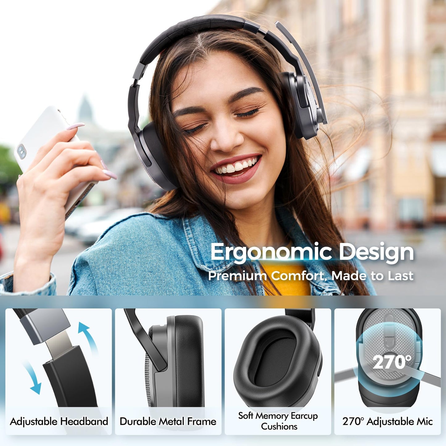 Trucker Bluetooth Headset, Wireless Headsets with Noise Cancelling Microphone, Long Battery Life Bluetooth Headphones with Detachable Earpad/Single+Dual Mode for Office/Driving/Home