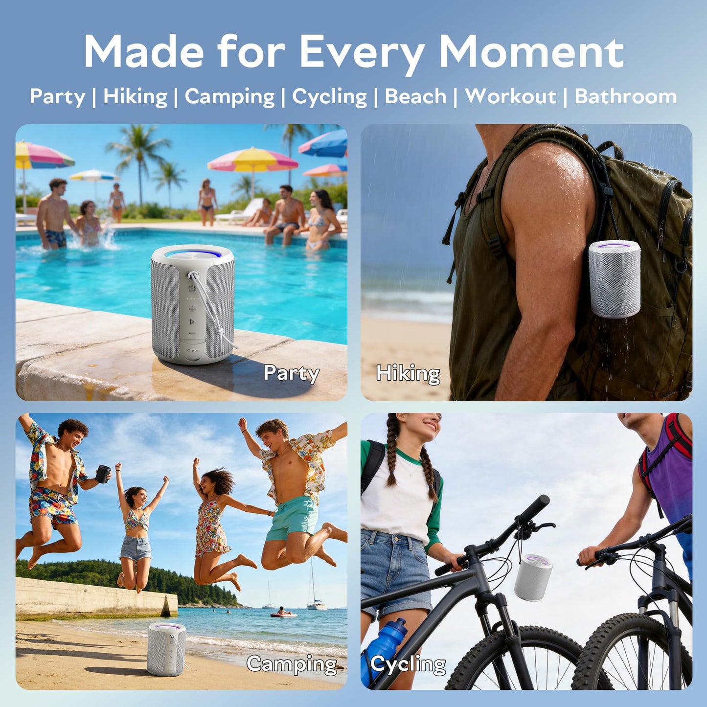 Portable Bluetooth Speaker Wireless, IPX7 Waterproof Dustproof Mini Speakers, 20W Loud Bass Stereo, 15H Playtime, BT5.3 & TWS, RGB Light, for Outdoor/Shower/Home/Party, Stocking Stuffers