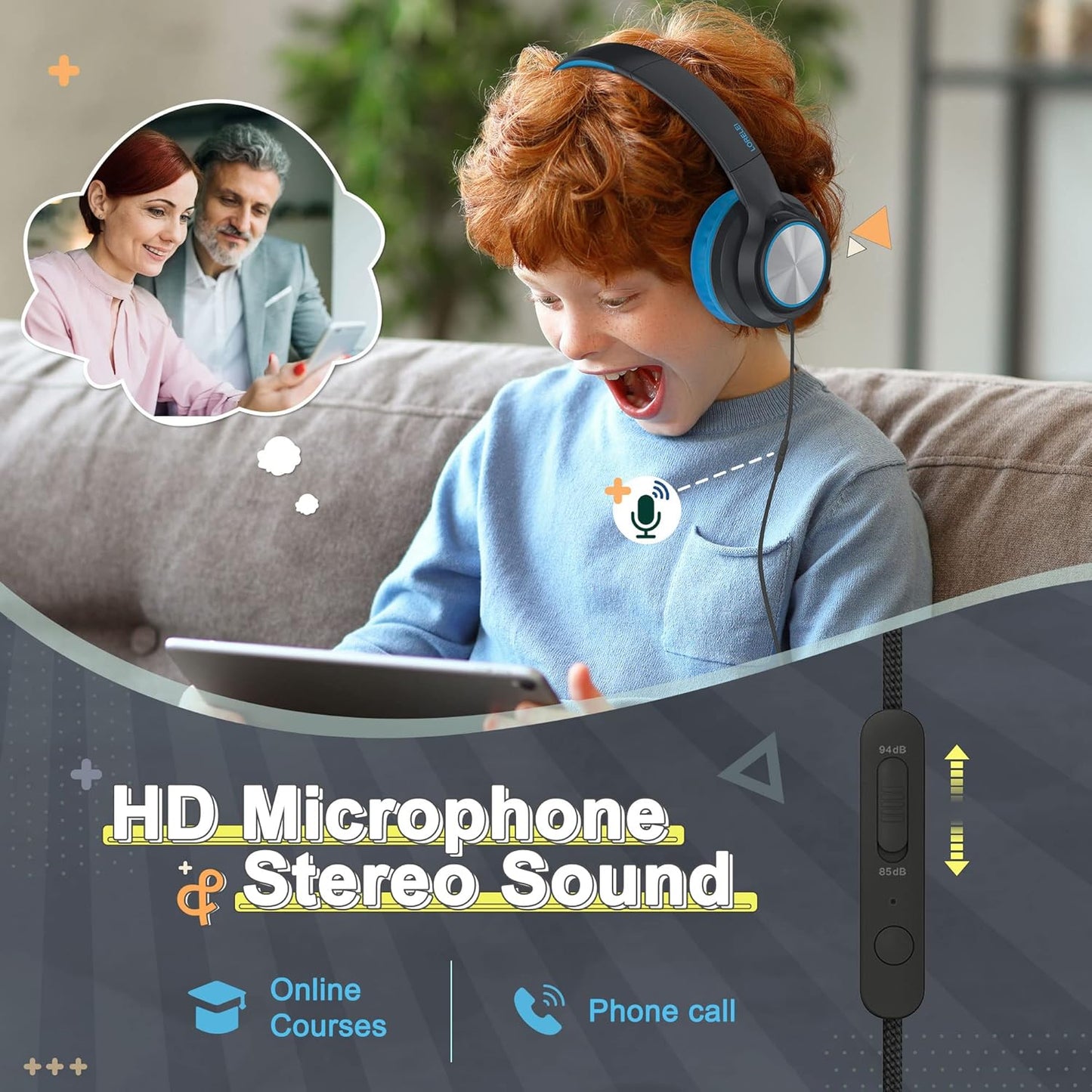 LORELEI E7 Kids Headphones with Microphone, Safe Volume Limiter 85/94dB, Foldable Stereo Tangle-Free On-Ear Wired Headphones for Toddlers/Boys/Girls/School/iPad/Laptop/Travel (Black&Blue)