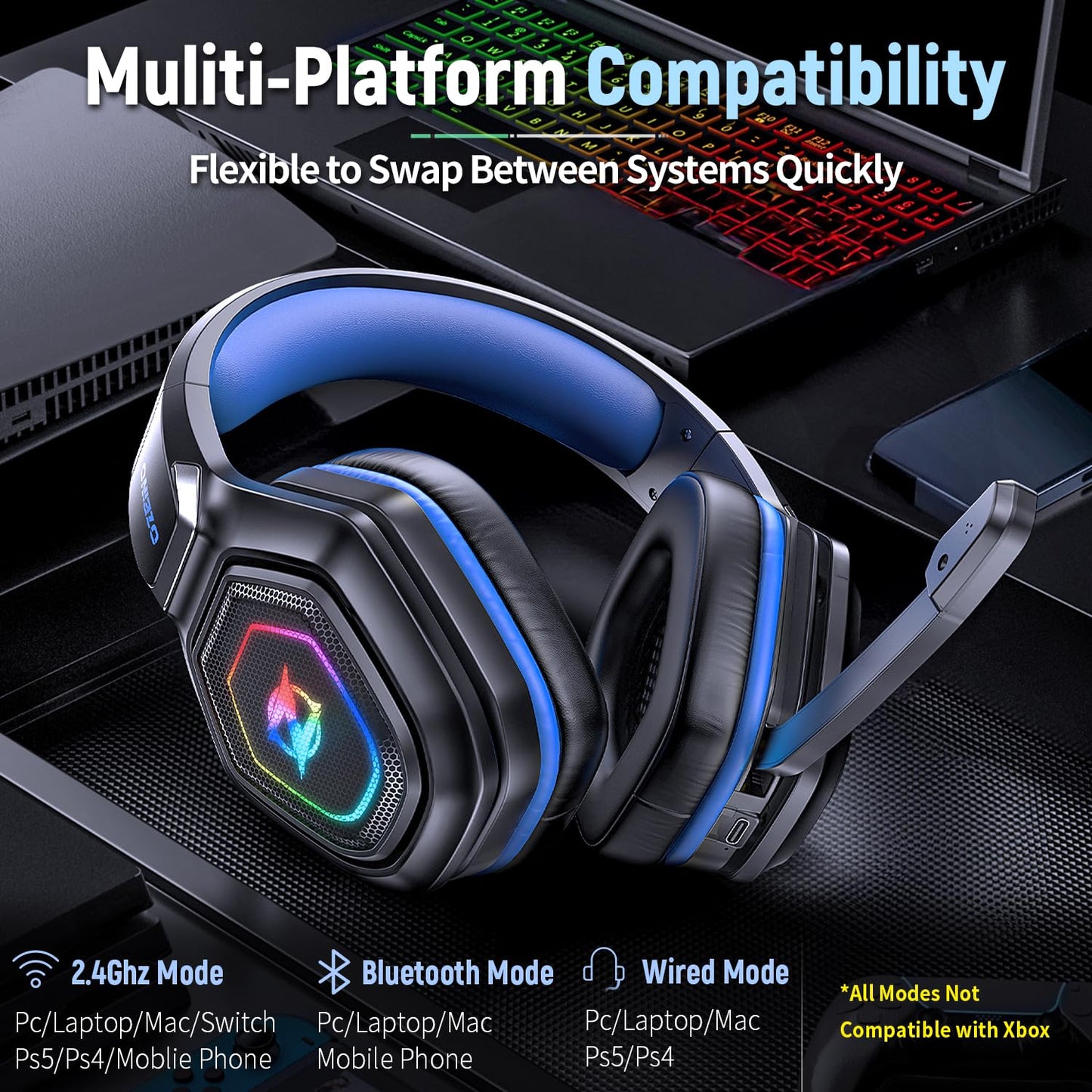 Ozeino Wireless Gaming Headset for Ps5, Ps4, Switch, Ultra Stable 2.4GHz USB & Type-C, Bluetooth 5.3 Gaming Headphones with Flip Mic, 40+Hr Battery Gamer Headset for PC, Laptop, Mobile, Mac(White)