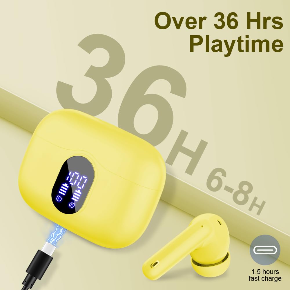 Wireless Earbuds, Bluetooth Headphones 5.4 HiFi Stereo, Wireless Earphones with ENC Noise Cancelling Mic, IP7 Waterproof in Ear Headphones, LED Digital Display Ear Buds, Touch Control, Black