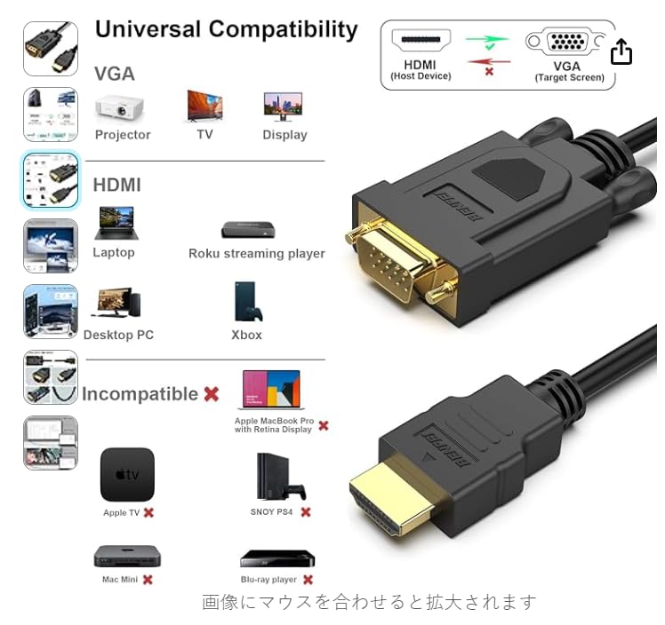 BENFEI HDMI to VGA 6 Feet Cable, [Uni-Directional] HDMI Computer to VGA Monitor Cable [Male to Male] Compatible for Computer, Laptop, PC, Monitor, Projector, HDTV, Raspberry Pi, Roku,Xbox and More