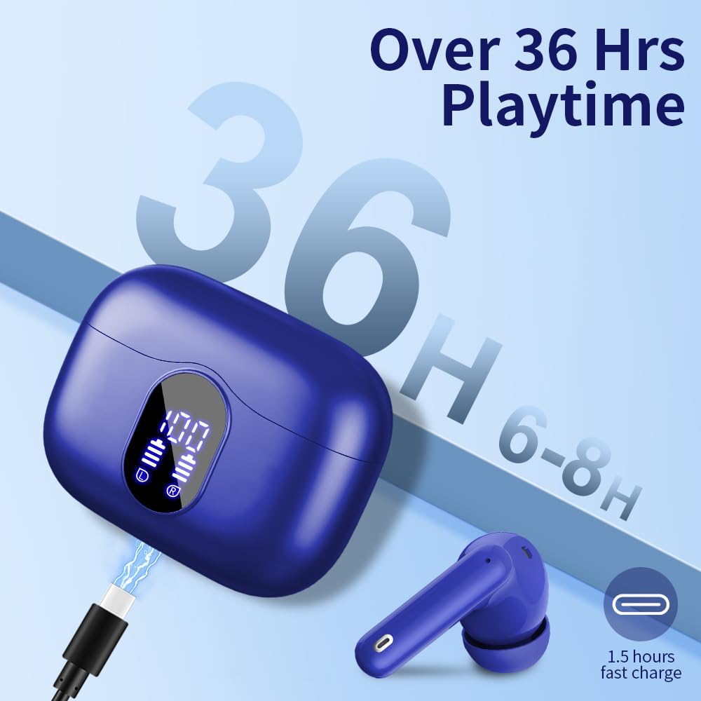 Wireless Earbuds, Bluetooth Headphones 5.4 HiFi Stereo, Wireless Earphones with ENC Noise Cancelling Mic, IP7 Waterproof in Ear Headphones, LED Digital Display Ear Buds, Touch Control, Black