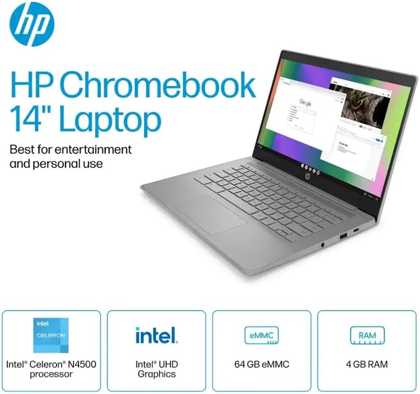 HP Chromebook 14" HD Laptop - Intel Celeron N4500, 4GB RAM, 64GB eMMC, Chrome OS, Newest Model (with Microfiber Cloth) - Modern Grey (14a-ne1013dx)