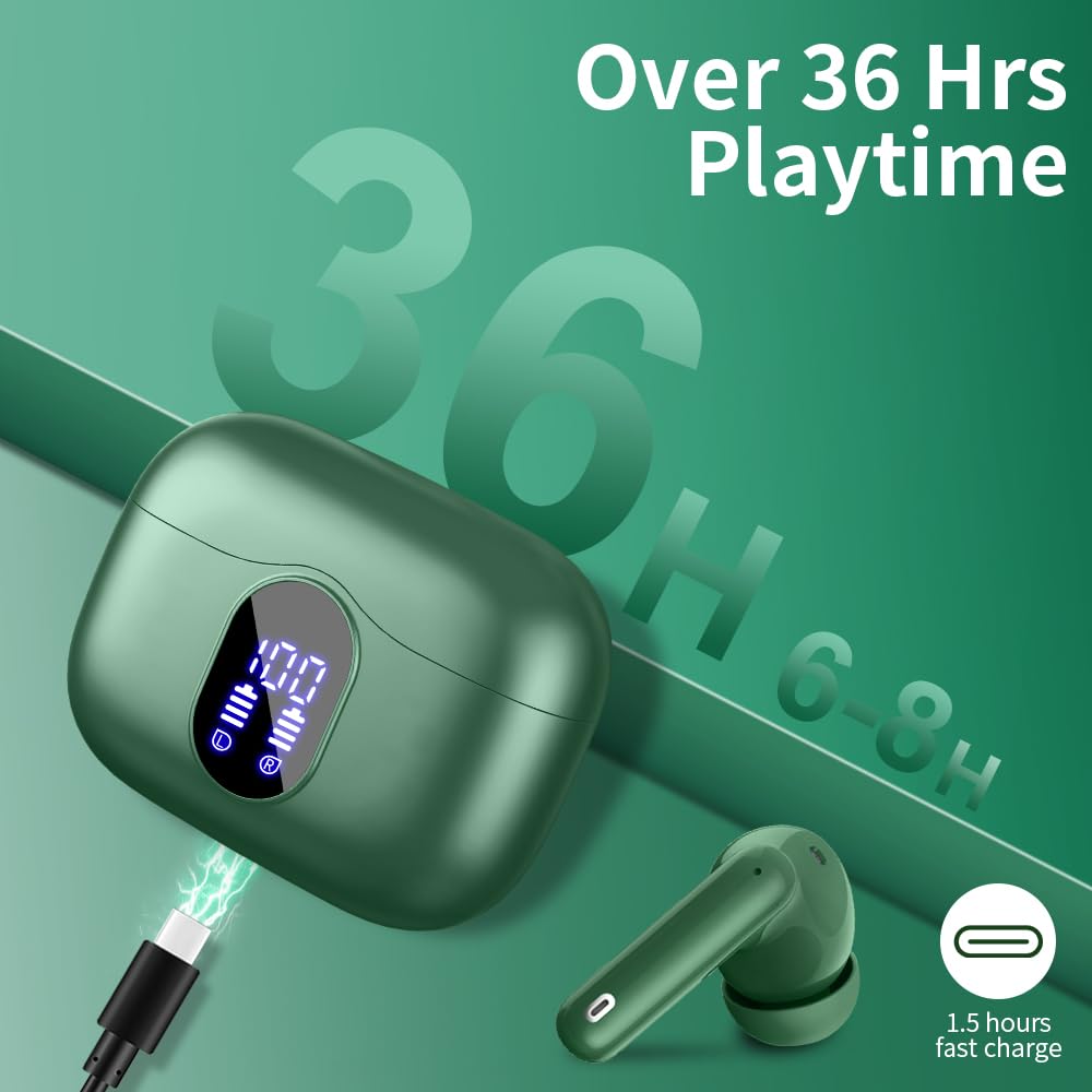 Wireless Earbuds, Bluetooth Headphones 5.4 HiFi Stereo, Wireless Earphones with ENC Noise Cancelling Mic, IP7 Waterproof in Ear Headphones, LED Digital Display Ear Buds, Touch Control, Black
