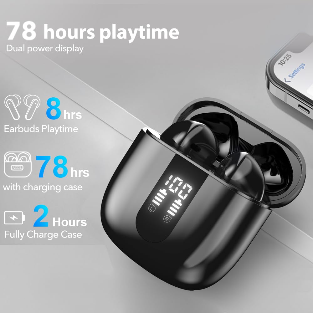Bluetooth Earbuds Wireless Headphones, 60H Deep Bass Ear Buds with 4 Noise Cancelling Microphone, IP5 Waterproof Earphones for iPhone Android Sports audifonos Bluetooth inalambricos (Obsidian)