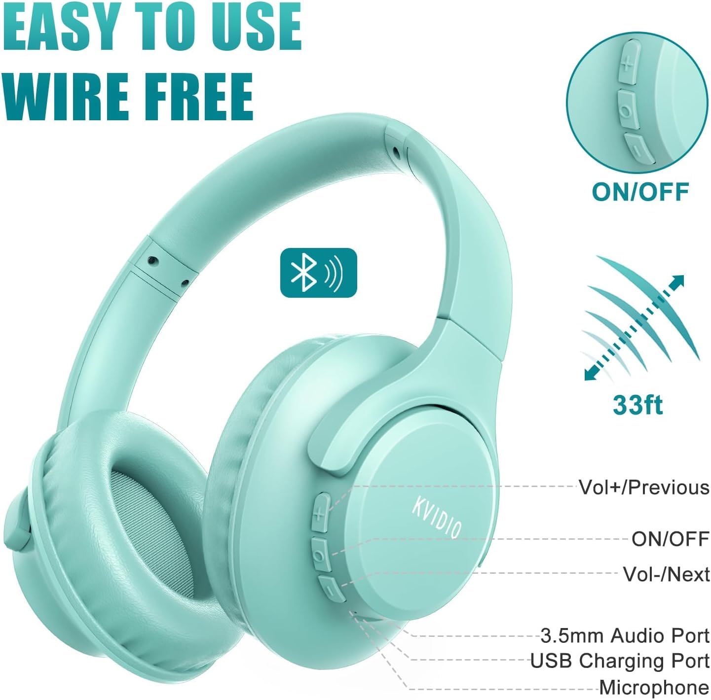 KVIDIO Bluetooth Headphones Over Ear, 65 Hours Wireless Headphones with Microphone, Foldable Lightweight HiFi Stereo Headset with Deep Bass for Travel Work Laptop PC Cellphone