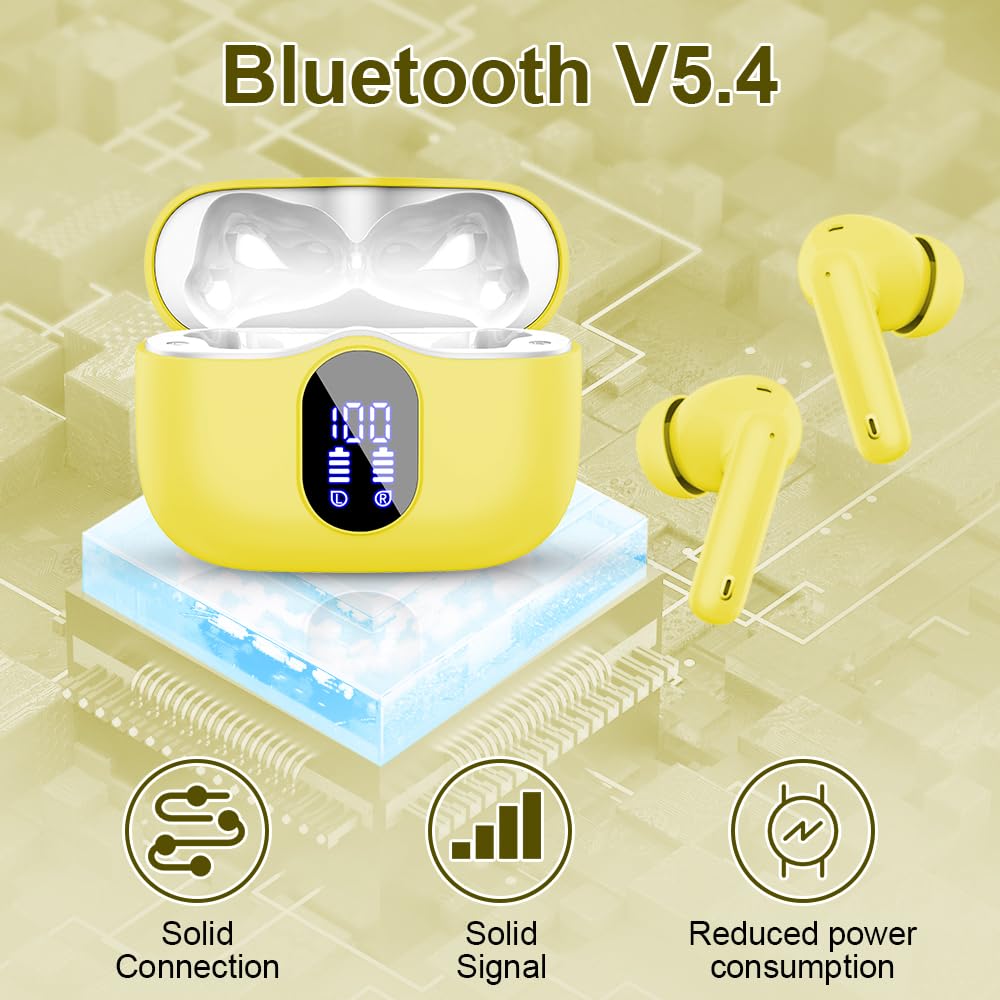 Wireless Earbuds, Bluetooth Headphones 5.4 HiFi Stereo, Wireless Earphones with ENC Noise Cancelling Mic, IP7 Waterproof in Ear Headphones, LED Digital Display Ear Buds, Touch Control, Black