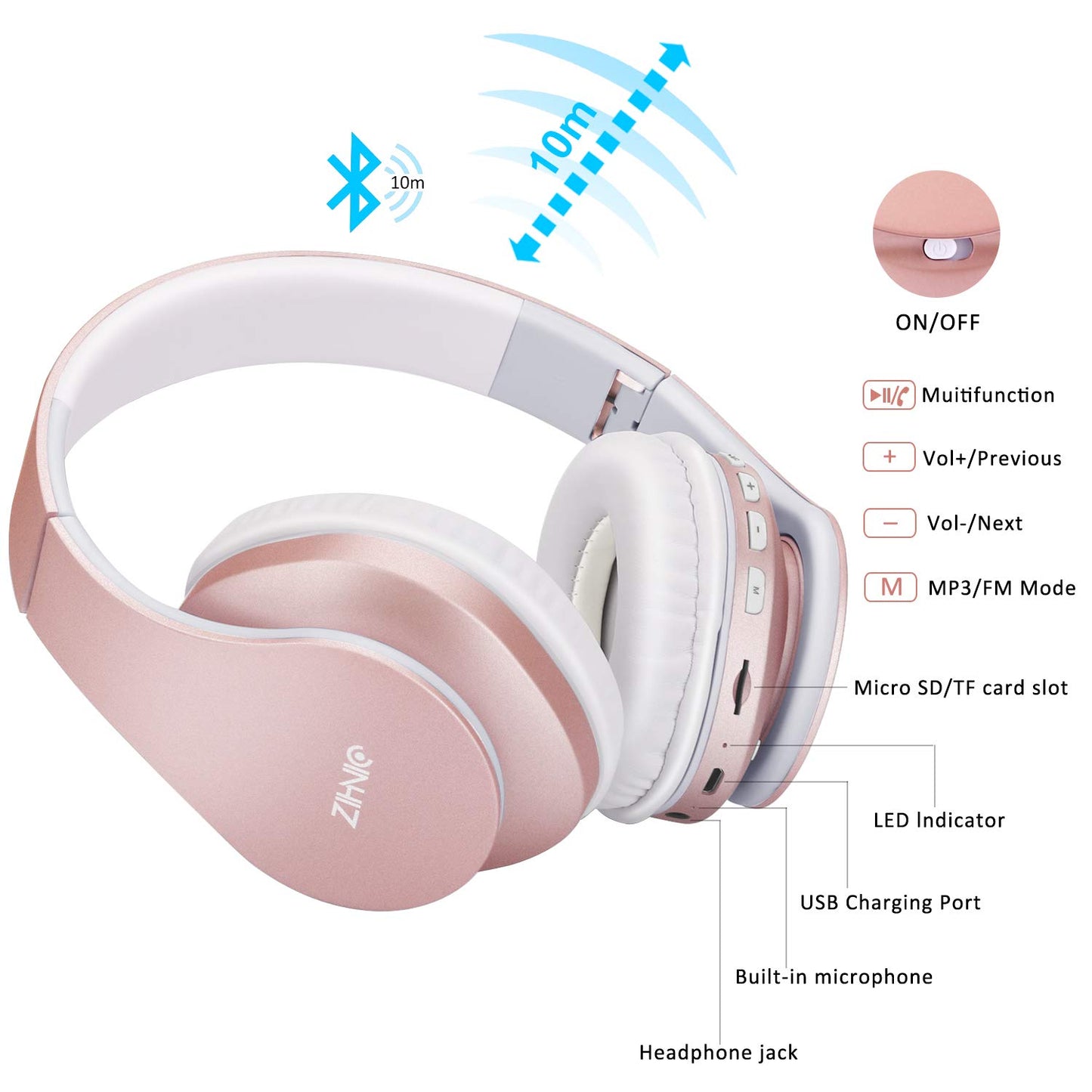 zihnic Bluetooth Headphones Over Ear, Foldable Wireless and Wired Stereo Headset Micro SD/TF, FM for iPhone/Samsung/iPad/PC/TV,Soft Earmuffs &Light Weight for Prolonged Wearing (Gold)