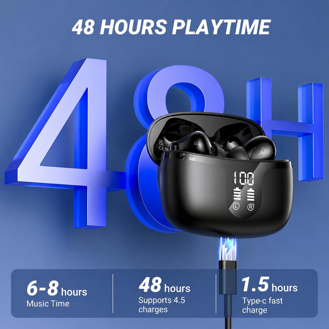 Wireless Earbuds, Bluetooth 5.4 Headphones, 50H Playback Deep Bass Stereo Ear Buds with LED Power Display Charging Case, IPX7 Waterproof in-Ear Earbuds for Smart Phone Laptop Computer Sports Black