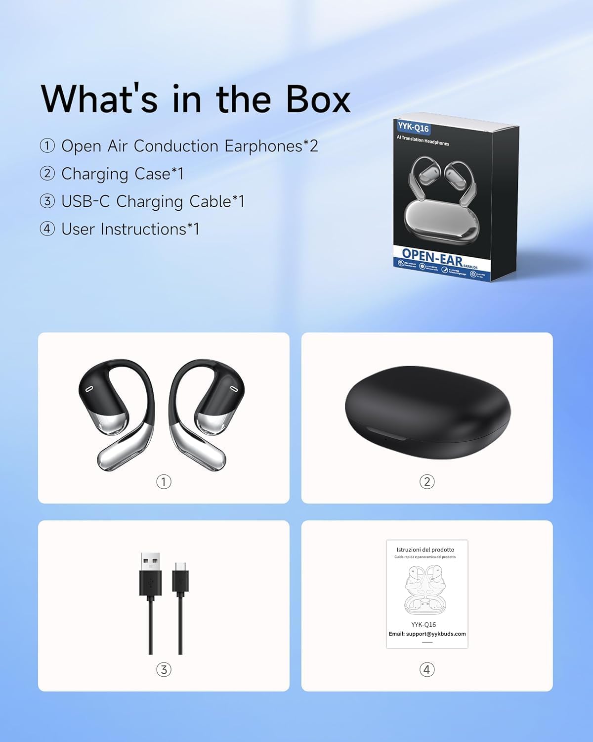 Open Ear Earbuds, Sports Wireless Bluetooth 6.1 Headphones with Real-Time Translation, 80H Playtime LED Power Display, ENC Noise Canceling, IP55 Waterproof Earhooks Headset for Running Workout, Black