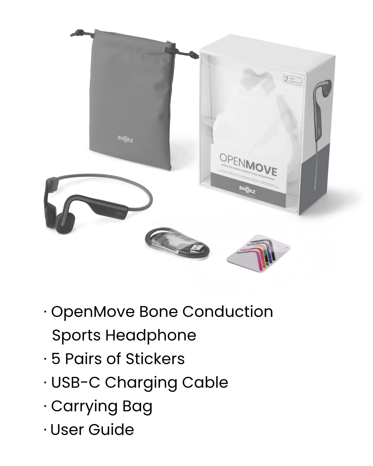 Shokz (AfterShokz) OpenMove - Open-Ear Bluetooth Sport Headphones - Bone Conduction Wireless Earphones - Sweatproof for Running and Workouts, with Sticker Pack (Grey)