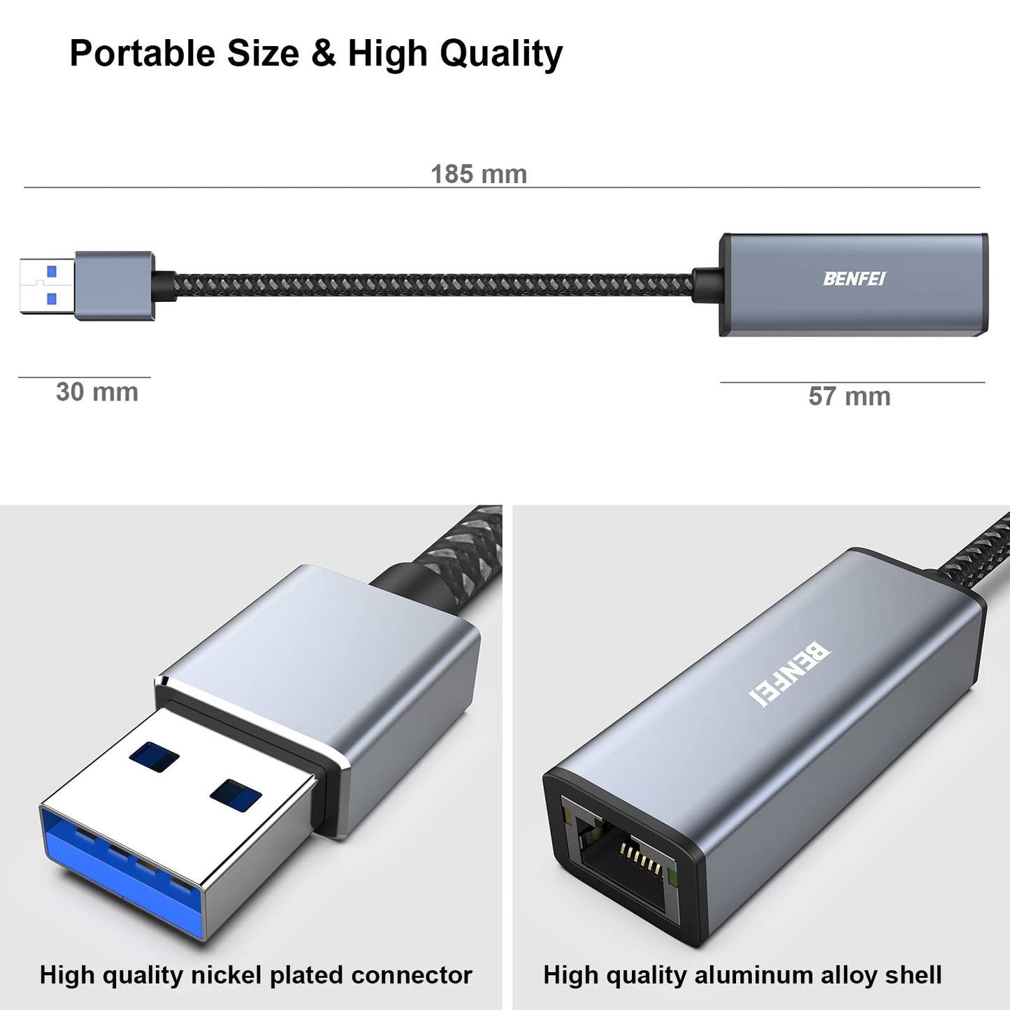BENFEI USB 3.0 to Ethernet Adapter, USB C to RJ45 Gigabit LAN (1000Mbps) Network Adapter, Compatible with MacBook/Pro/Air, Surface Pro, Windows 11/10/8/7, Mac OS [Aluminium Shell&Nylon Cable]